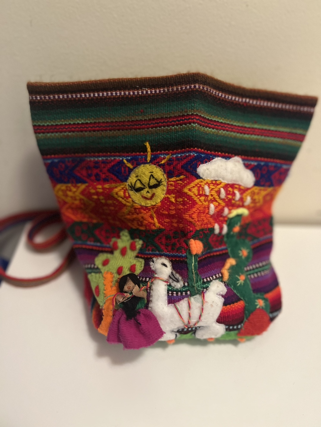 Woven Drawstring Bag with Llama and Sun Design