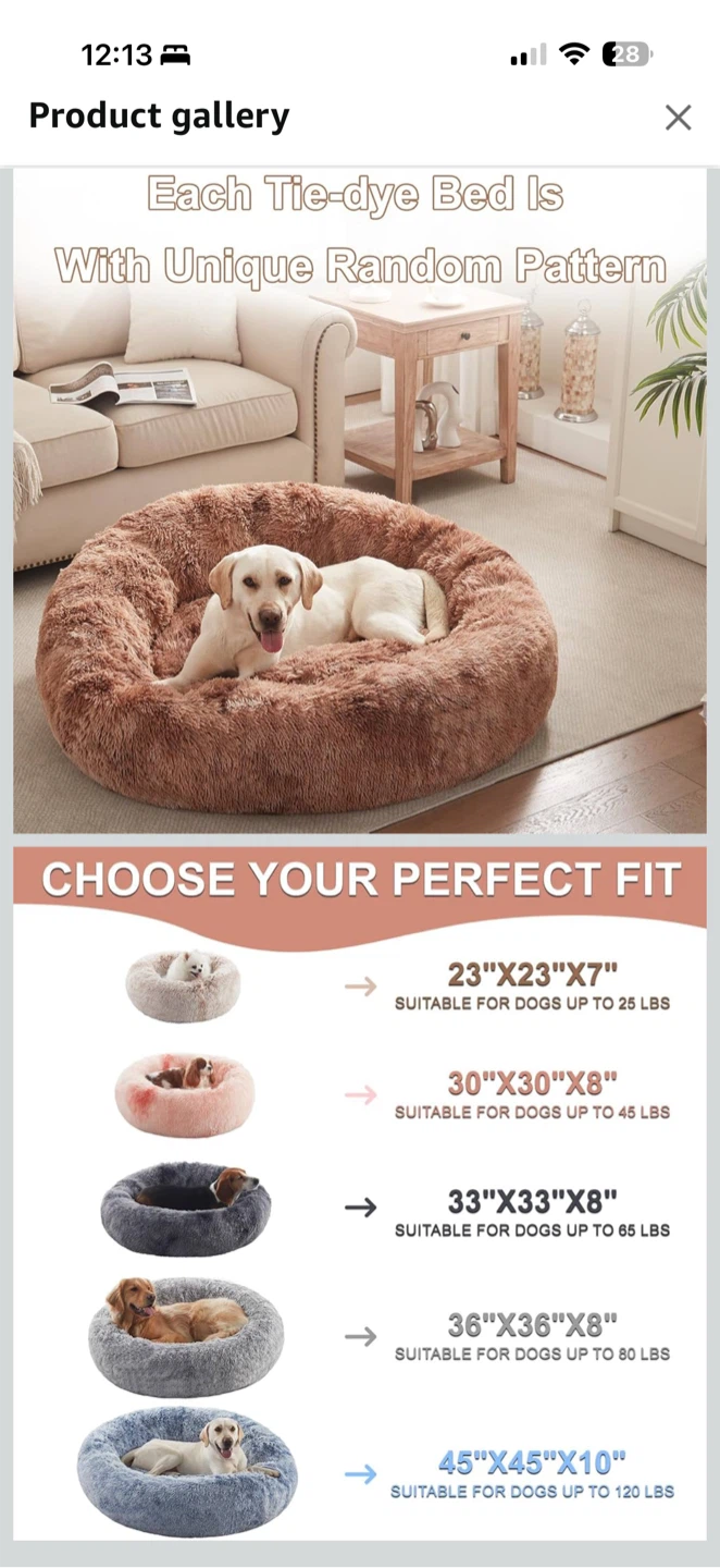 Large Calming Dog Bed 36”x36” Plush Round Pet Bed