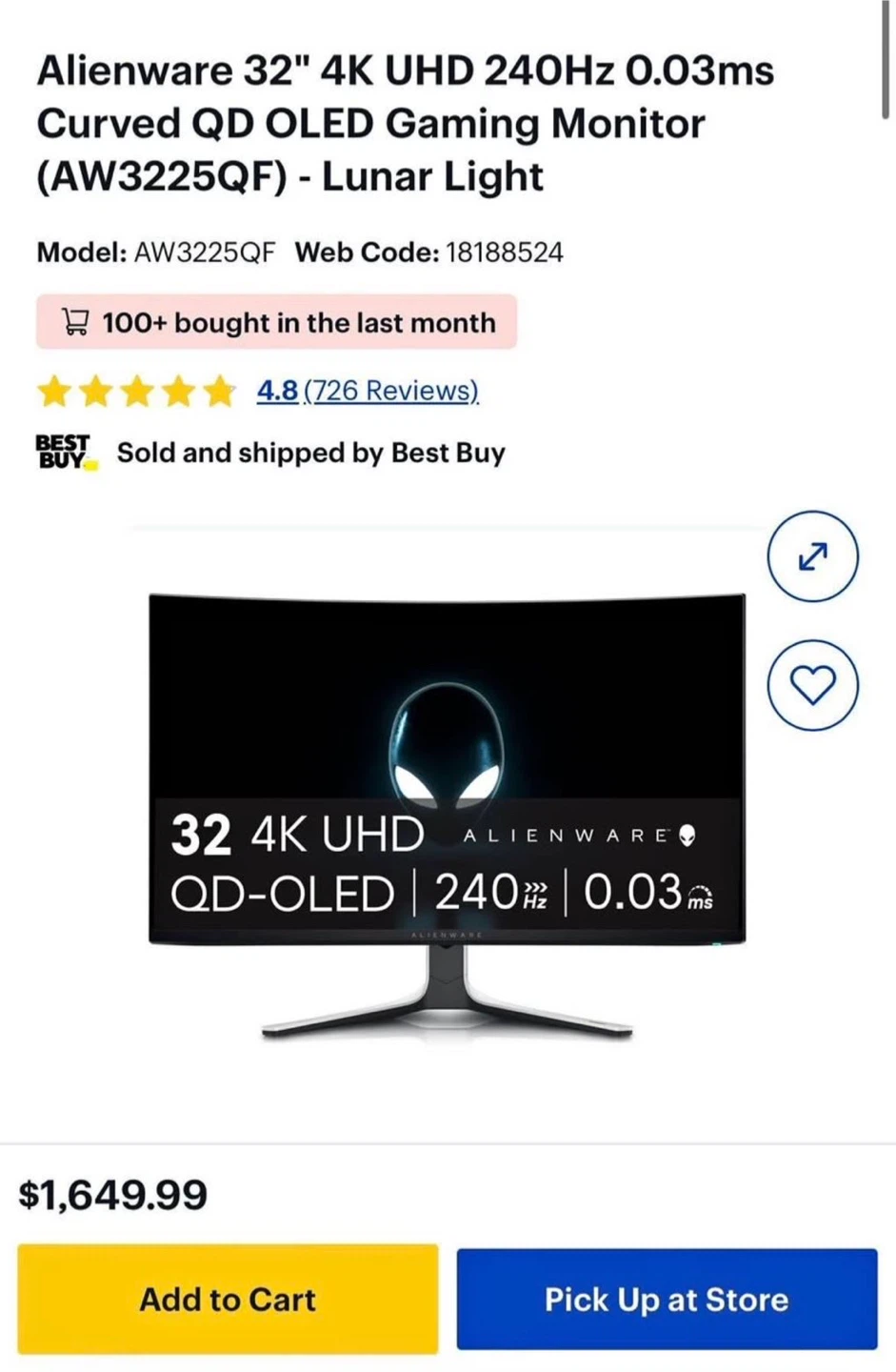 Alienware AW3225QF 32” 4K 240Hz QD-OLED curved gaming monitor - photo 2