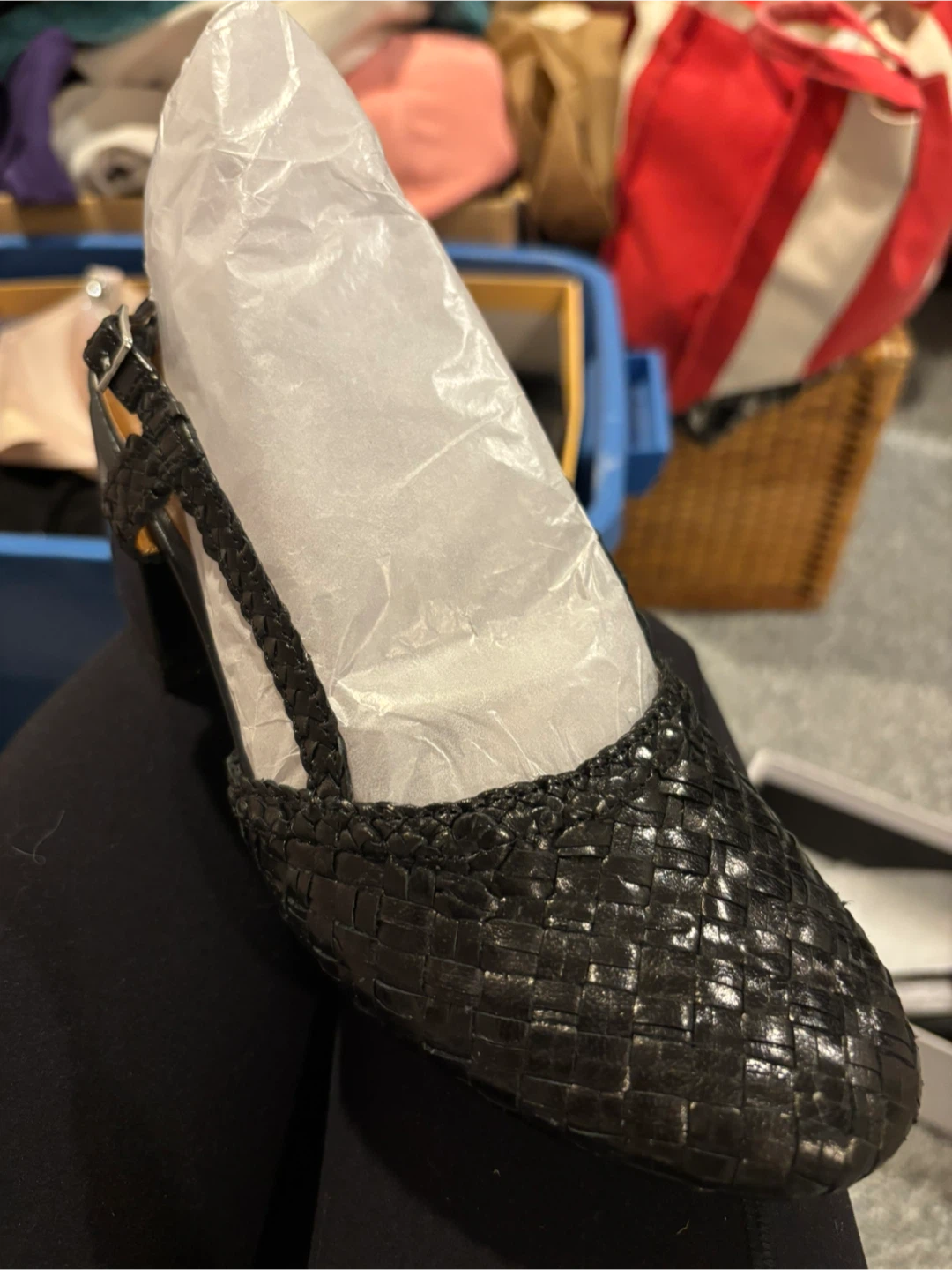 Black Woven Block Heel Slingback Shoes - photo 4