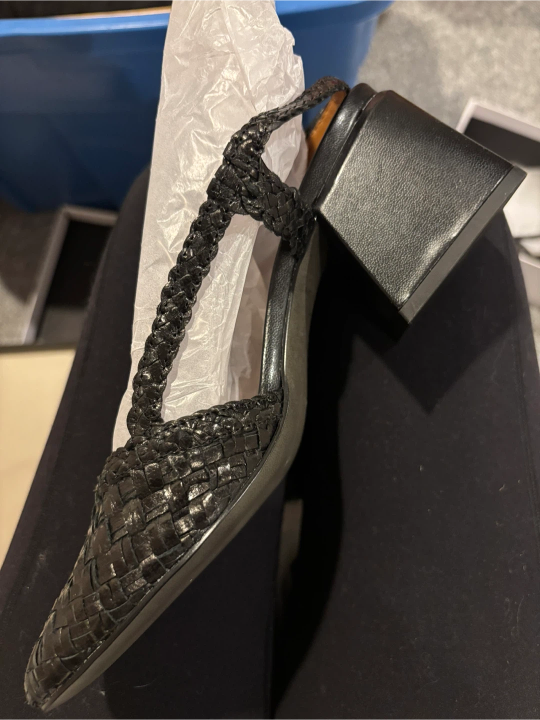 Black Woven Block Heel Slingback Shoes