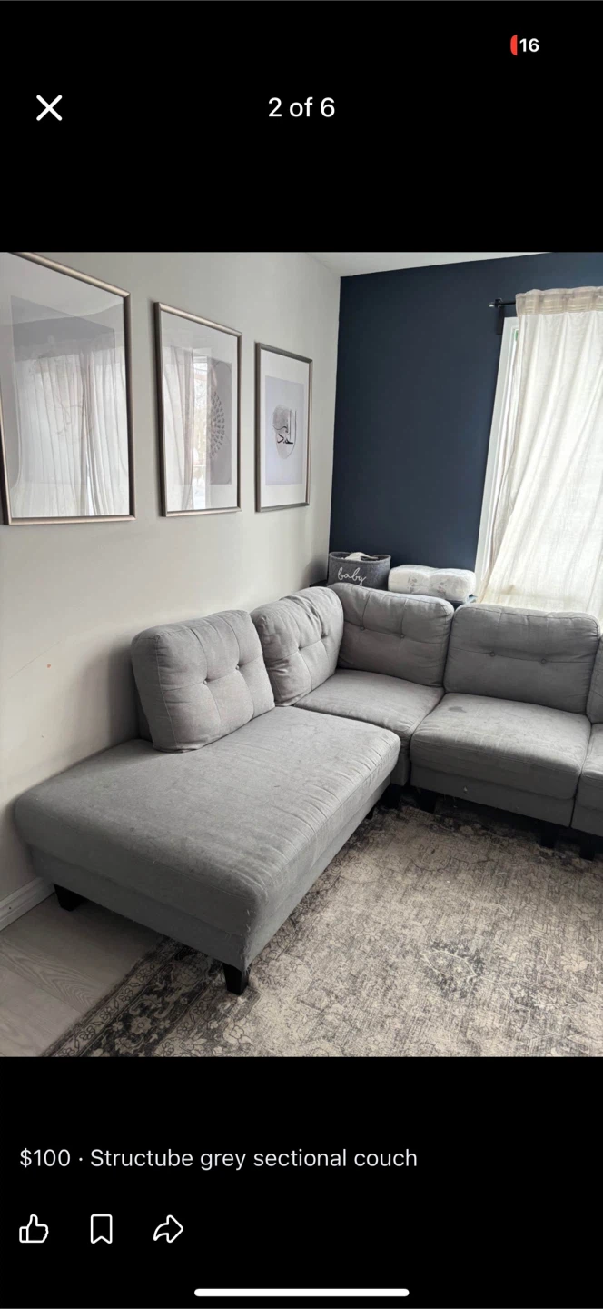 Structube Grey Sectional Couch - photo 2