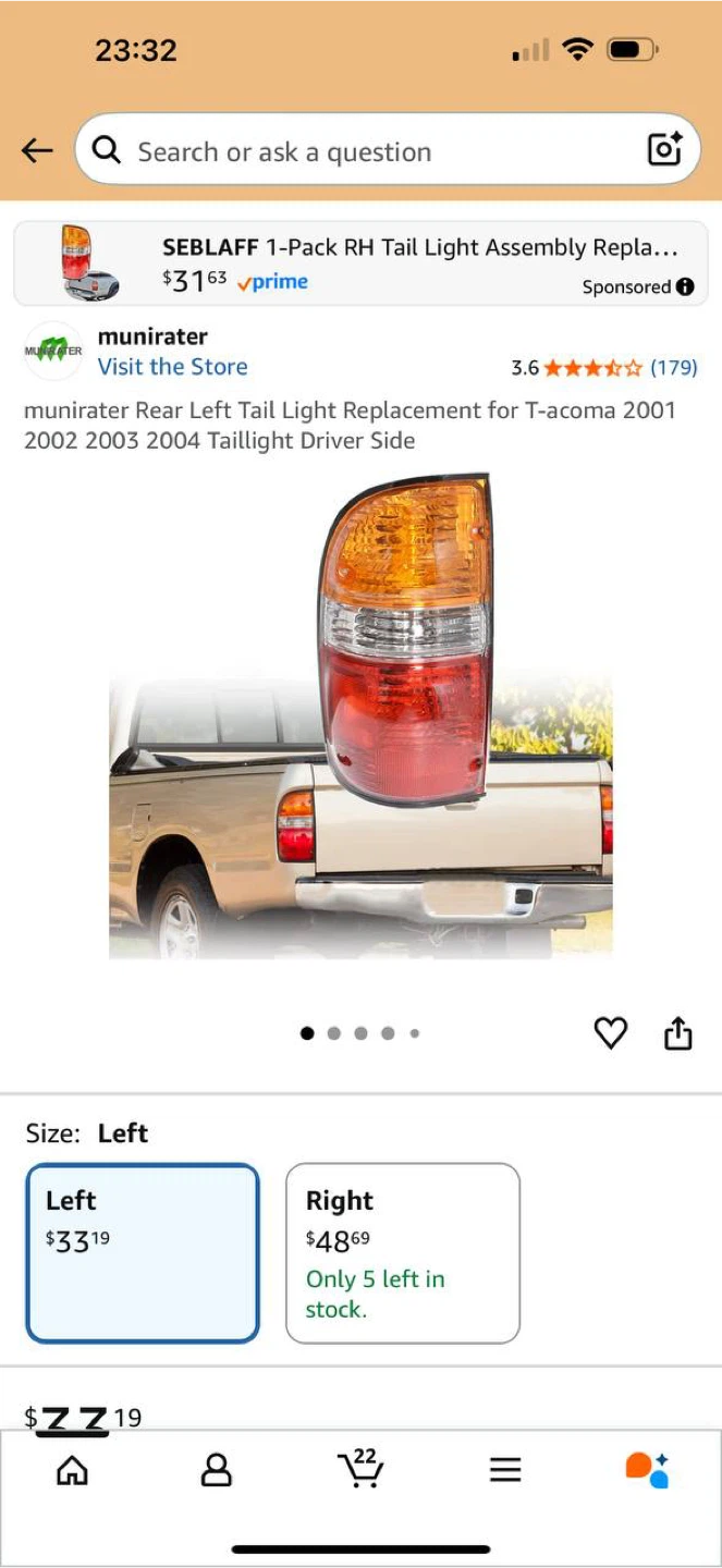 Munirater Rear Left Tail Light for Toyota Tacoma 2001–2004)