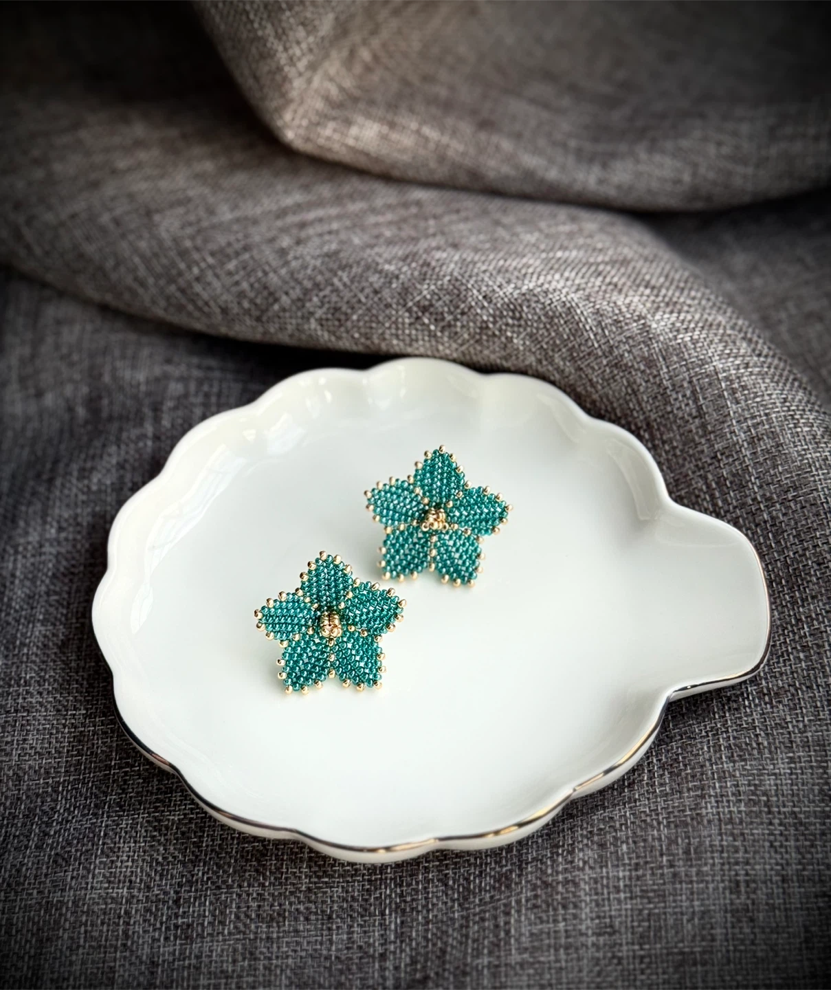 Handmade Teal beaded flower earrings