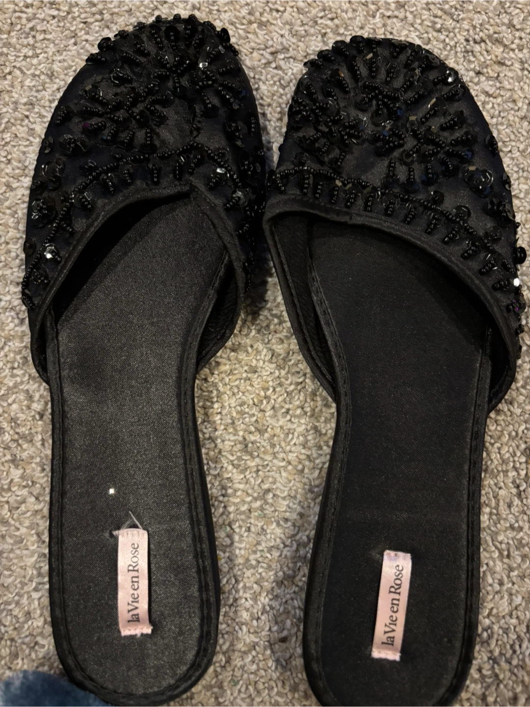 La Vie en Rose Black Beaded Slippers