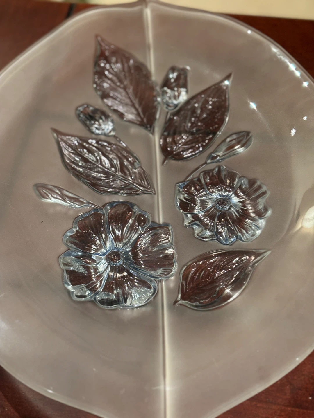 Frosted Glass Leaf Dish with Embossed Flowers - photo 3