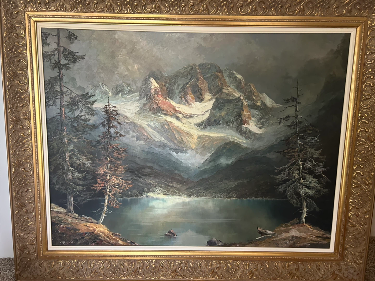 Framed Landscape Oil Painting of Mountains and Lake