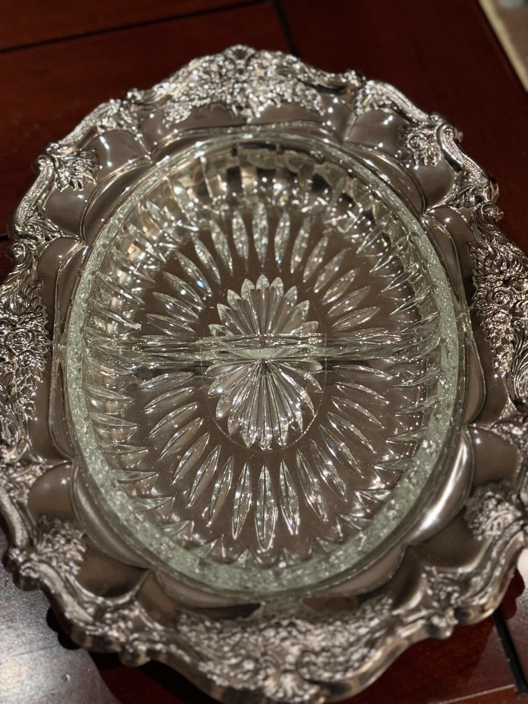 Ornate Silver Plated Divided Serving Tray with Glass Insert - photo 5