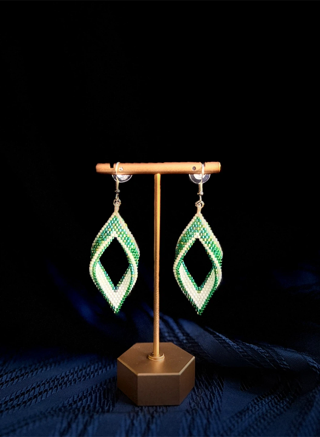 Handmade Beaded Earrings - Green and White Diamond Twist
