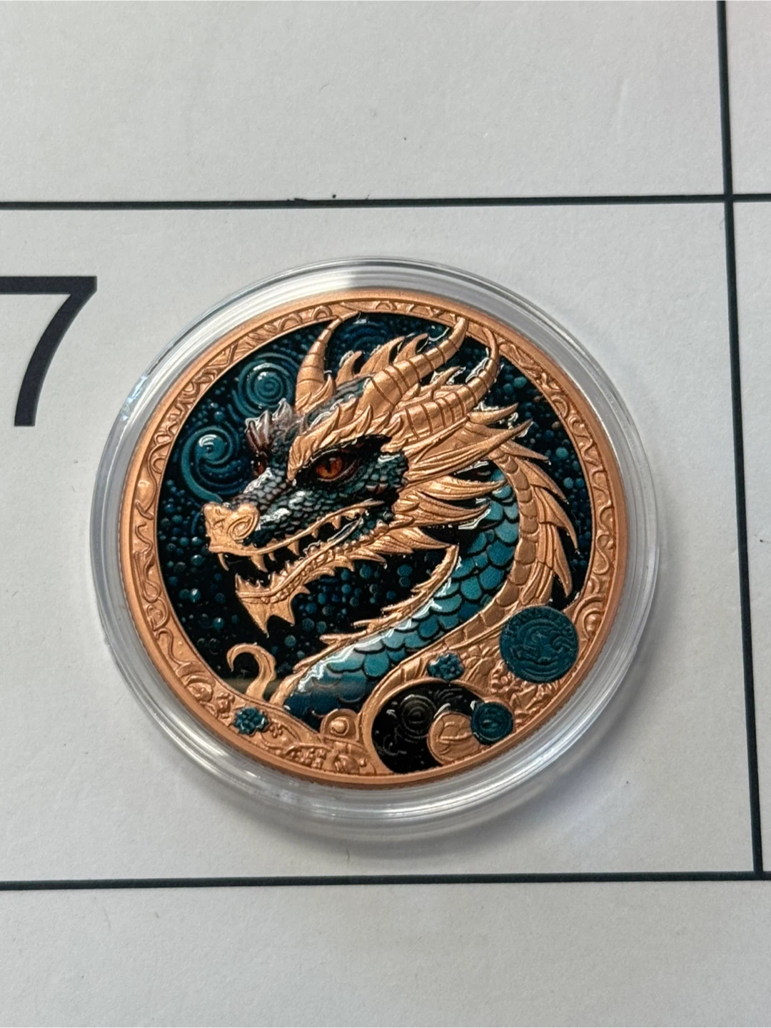 1 oz Fine Copper coin with a coloured dragon