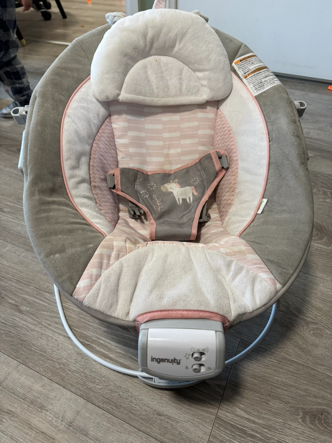 Ingenuity musical Baby Bouncer - Pink & Grey Unicorn Design