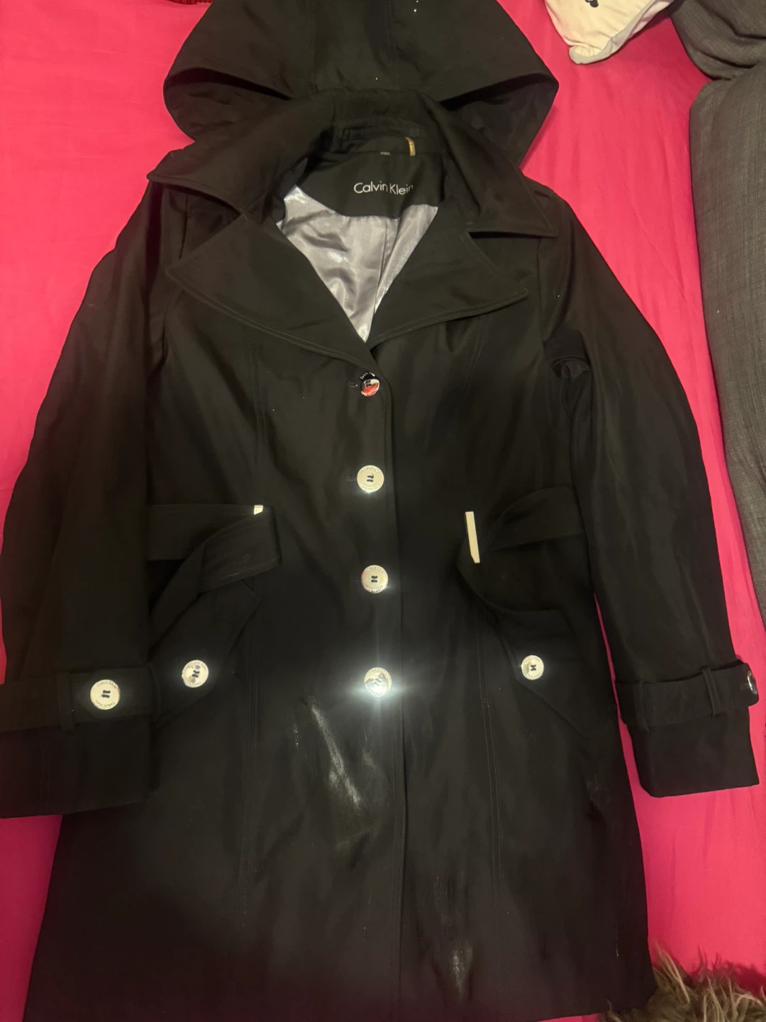 Calvin Klein Black Trench Coat with Hood