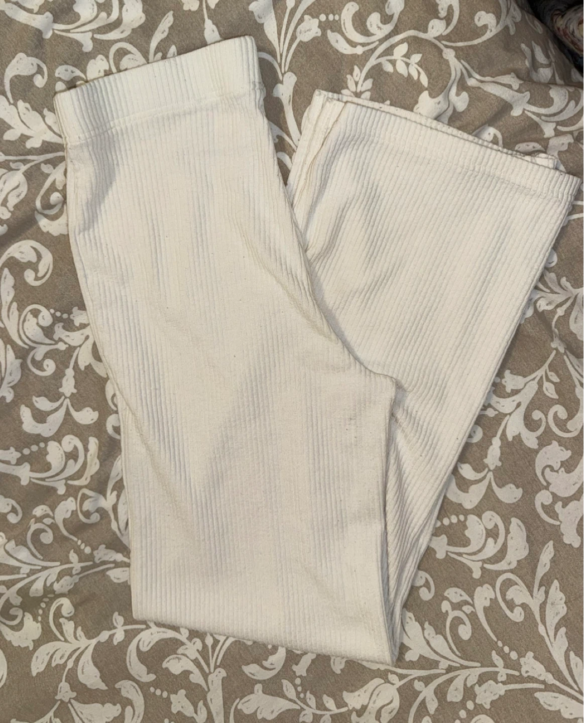 White High Waisted Ribbed Straight Leg Pants