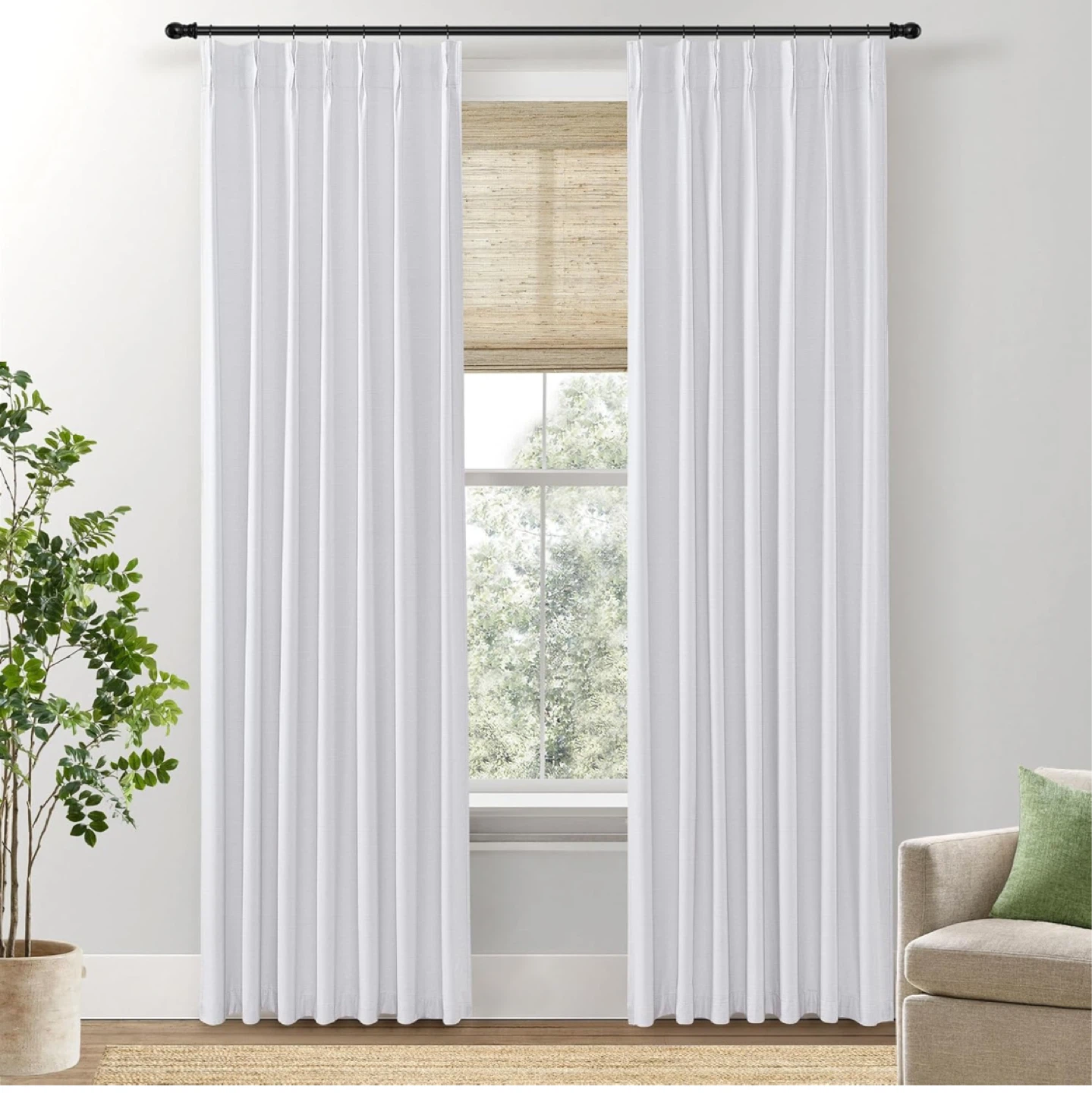 White Pinch Pleated Linen Blackout Curtains