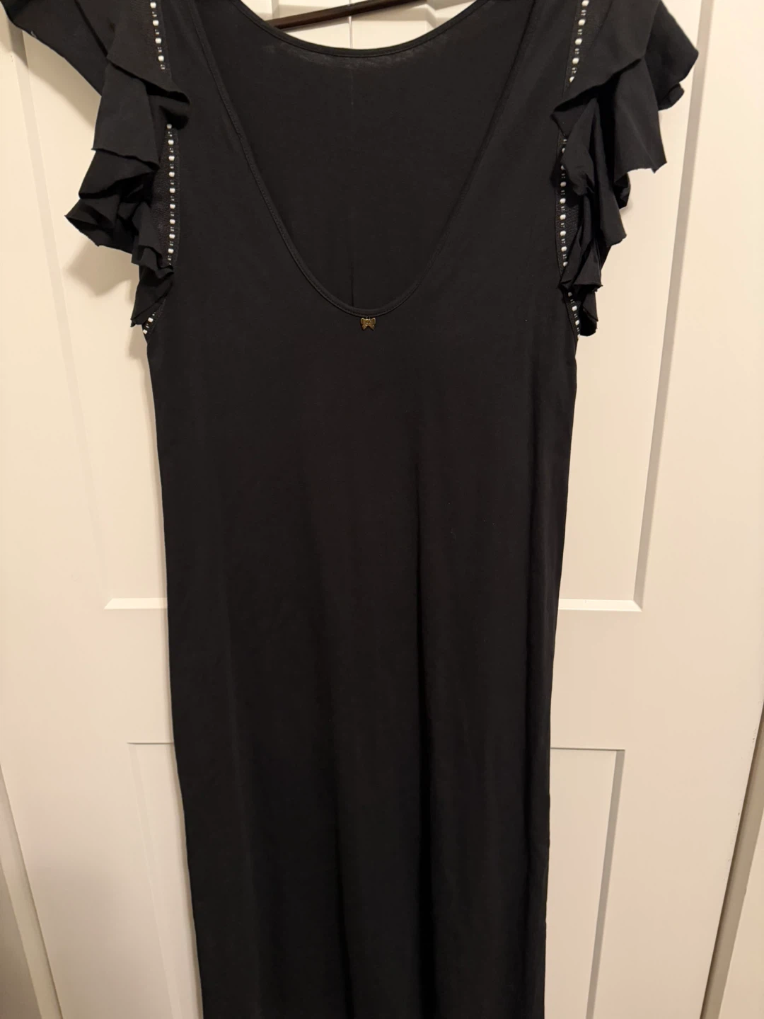 Black Dress with Ruffle Sleeves and Embellishments - photo 3