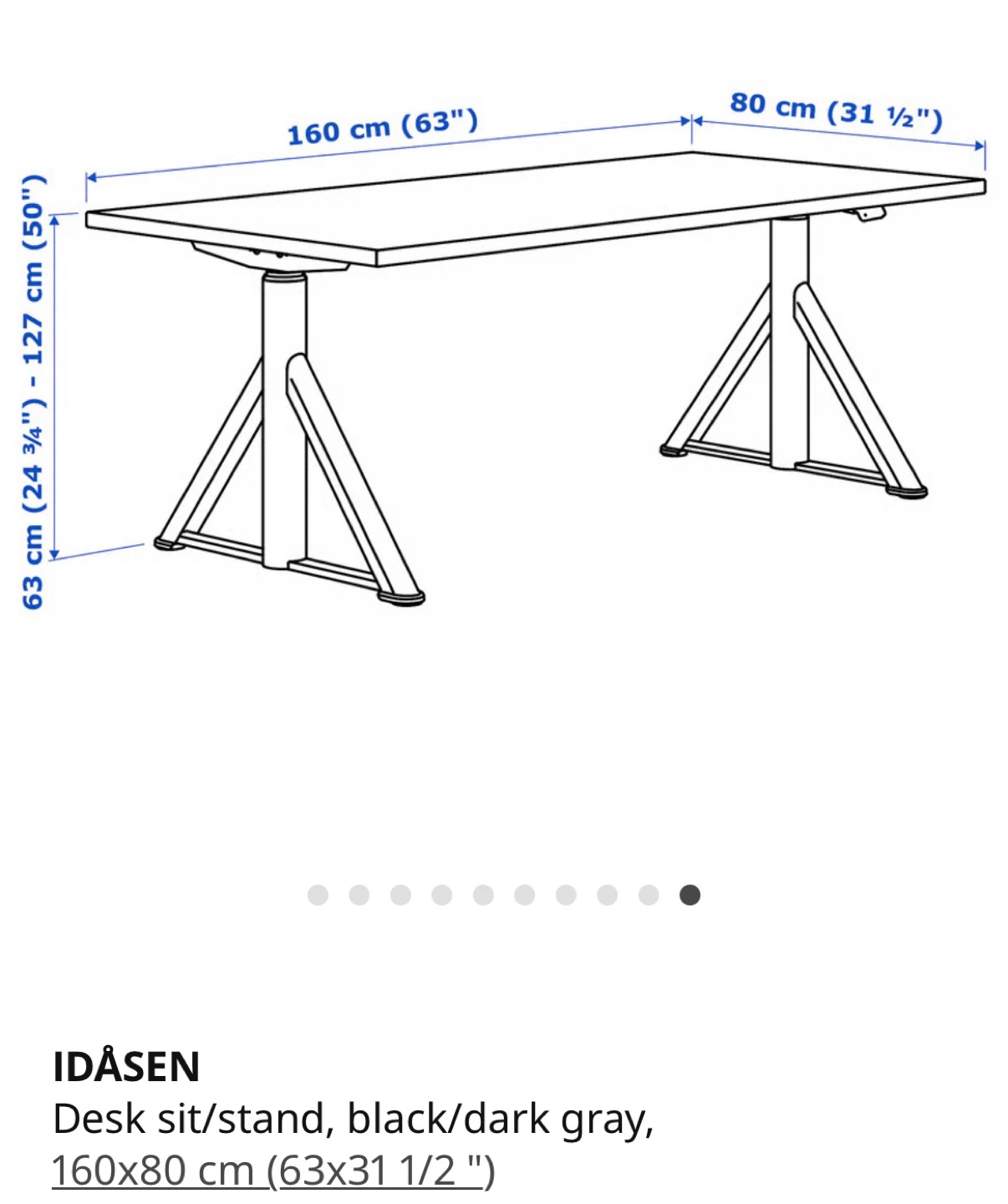 IKEA IDÅSEN Desk Sit/Stand Black/Dark Gray 160x80 cm