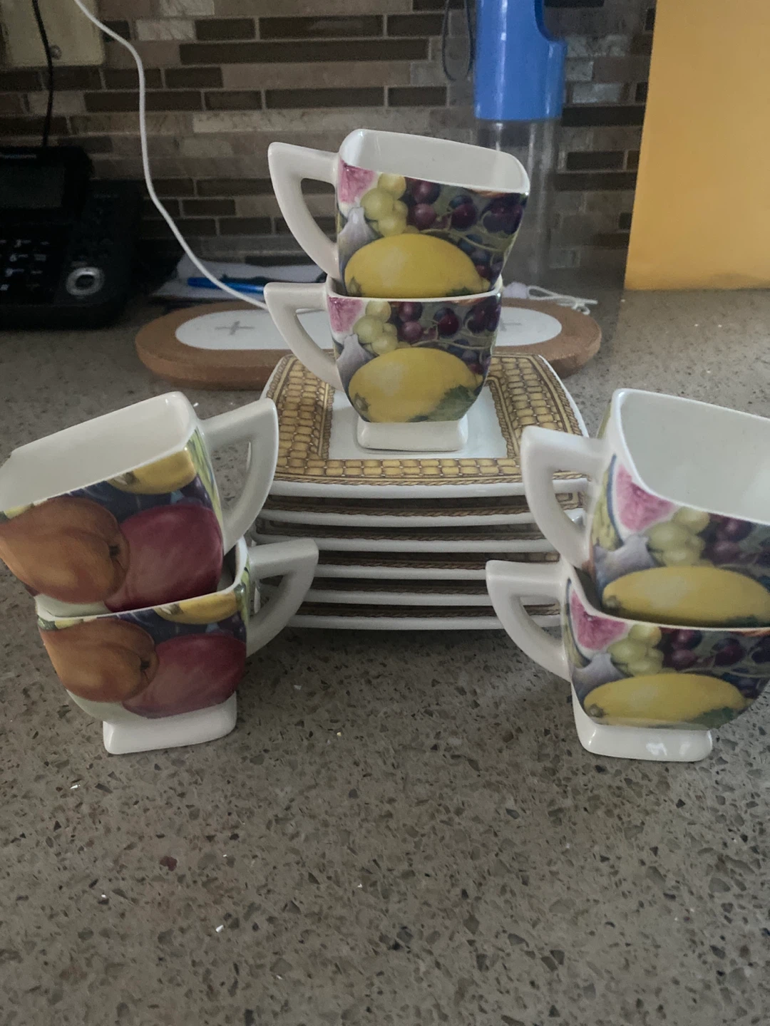 Set of 6 Ceramic Fruit Pattern Teacups and Saucers