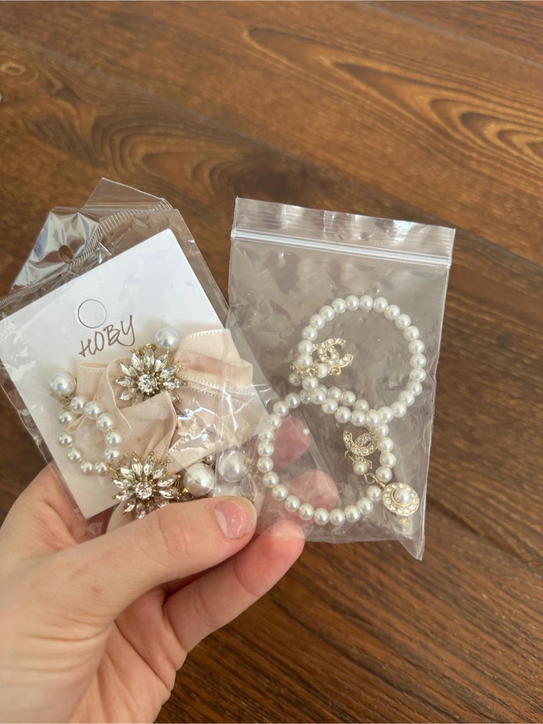 Pearl Hoop Earrings with Rhinestone Flower Accents
