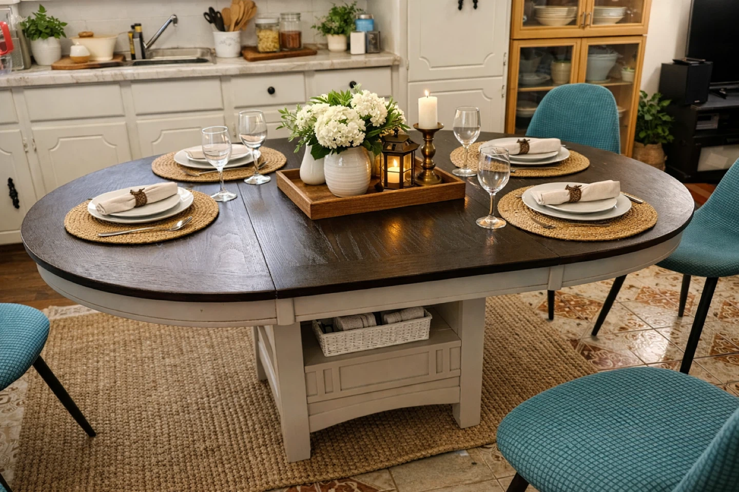 Solid Wood Extendable Dining Table + 4 Grey Upholstered Chairs