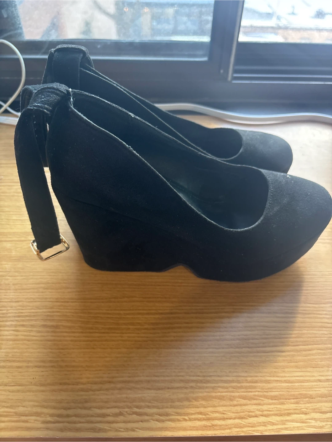 Black Suede Wedge Heels with Ankle Strap - photo 2