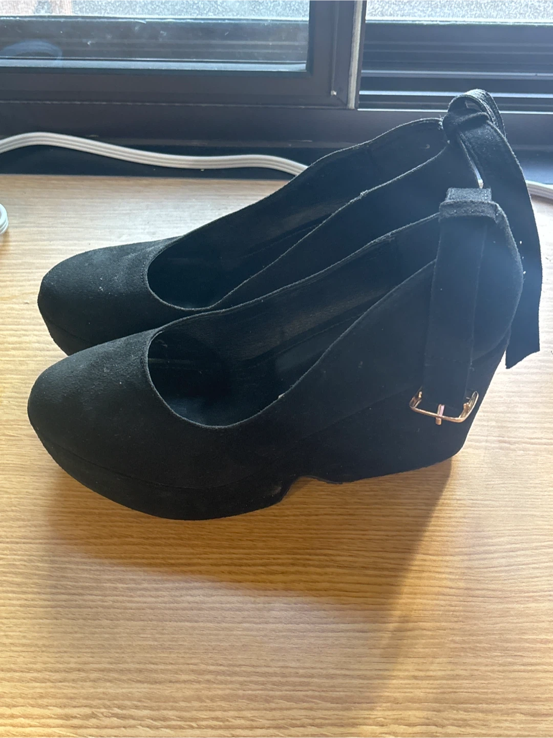 Black Suede Wedge Heels with Ankle Strap