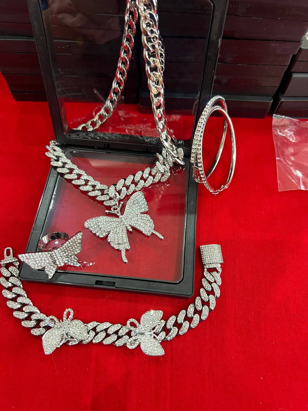 Butterfly Charm Necklace and Bracelet Set, ring, earrings