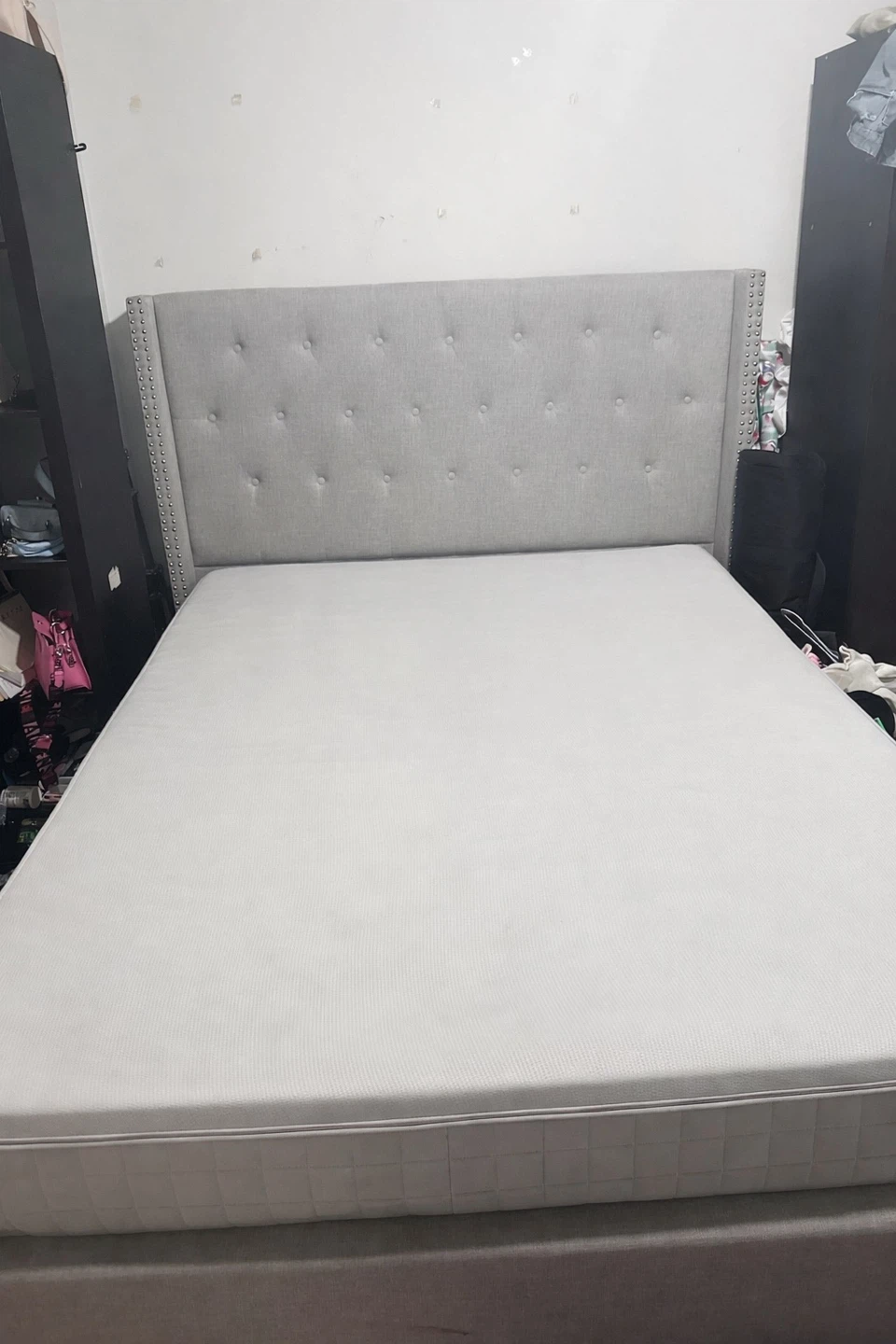 Queen size Grey Upholding Headboard Bed Frame with Storage