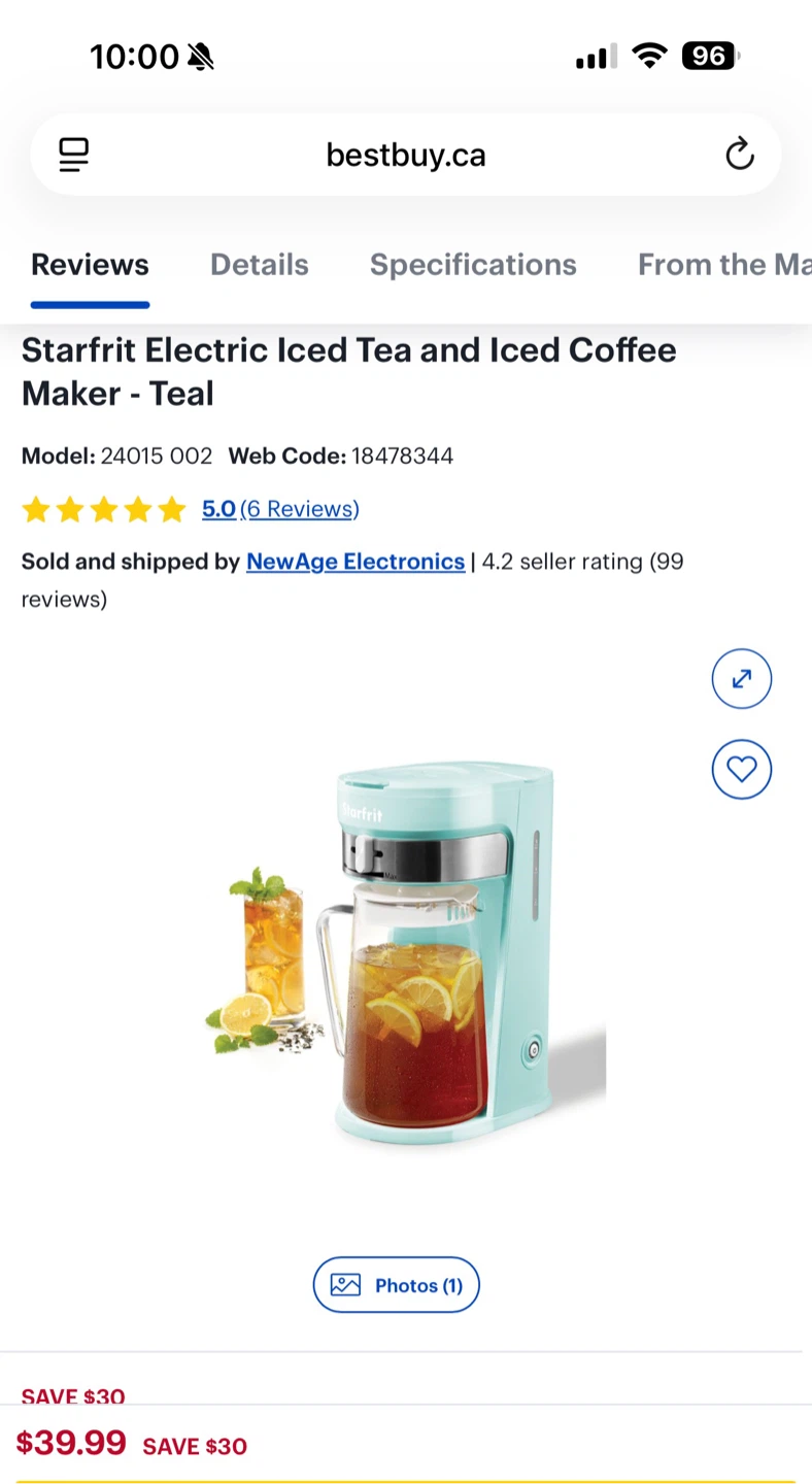 Starfrit Electric Iced Tea and Iced Coffee Maker - Teal