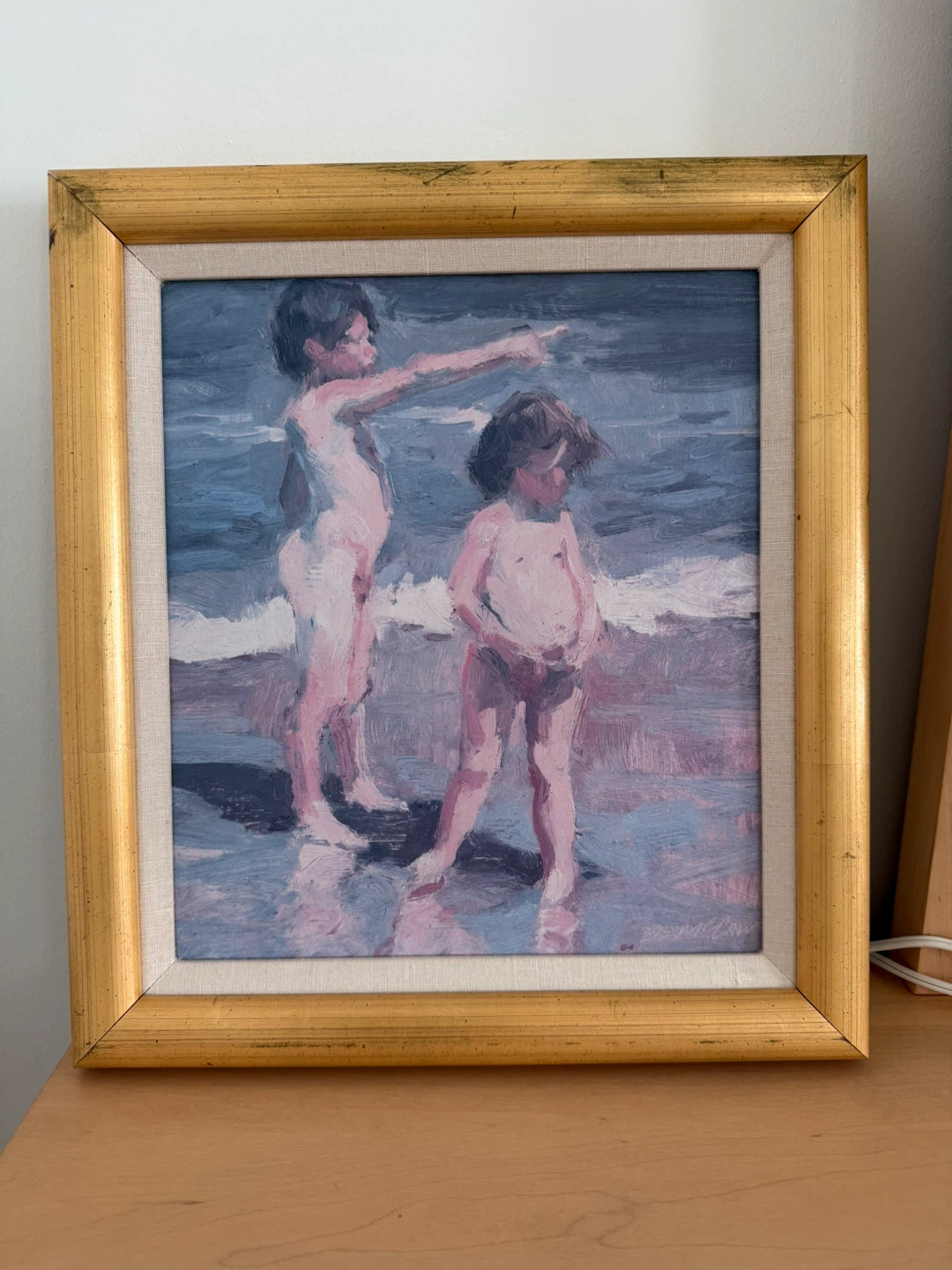 Reduced Beautiful  Framed Oil Painting of Children at the Beach