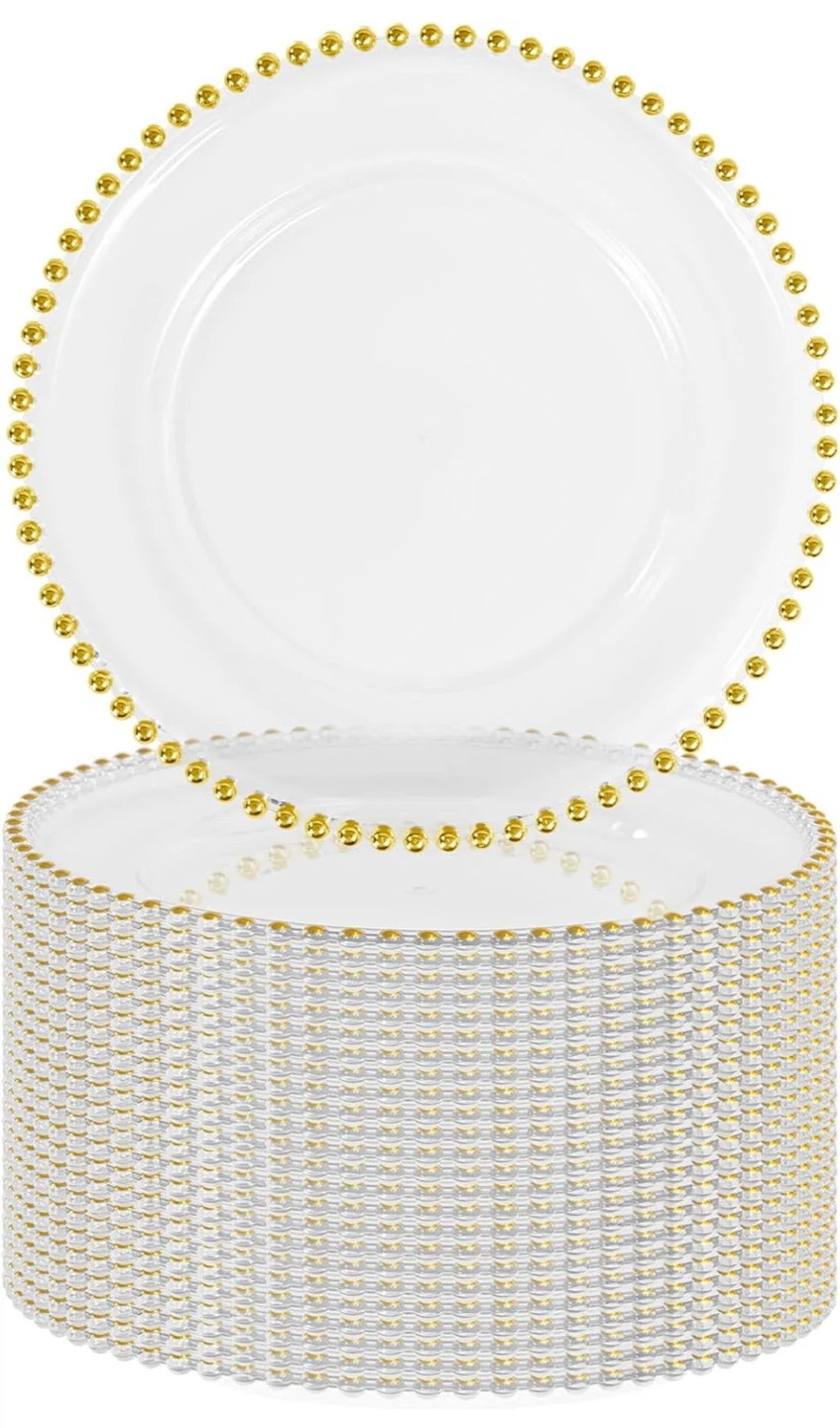 Clear Plastic Charger Plates with Gold Beaded Edges - 13 Inch