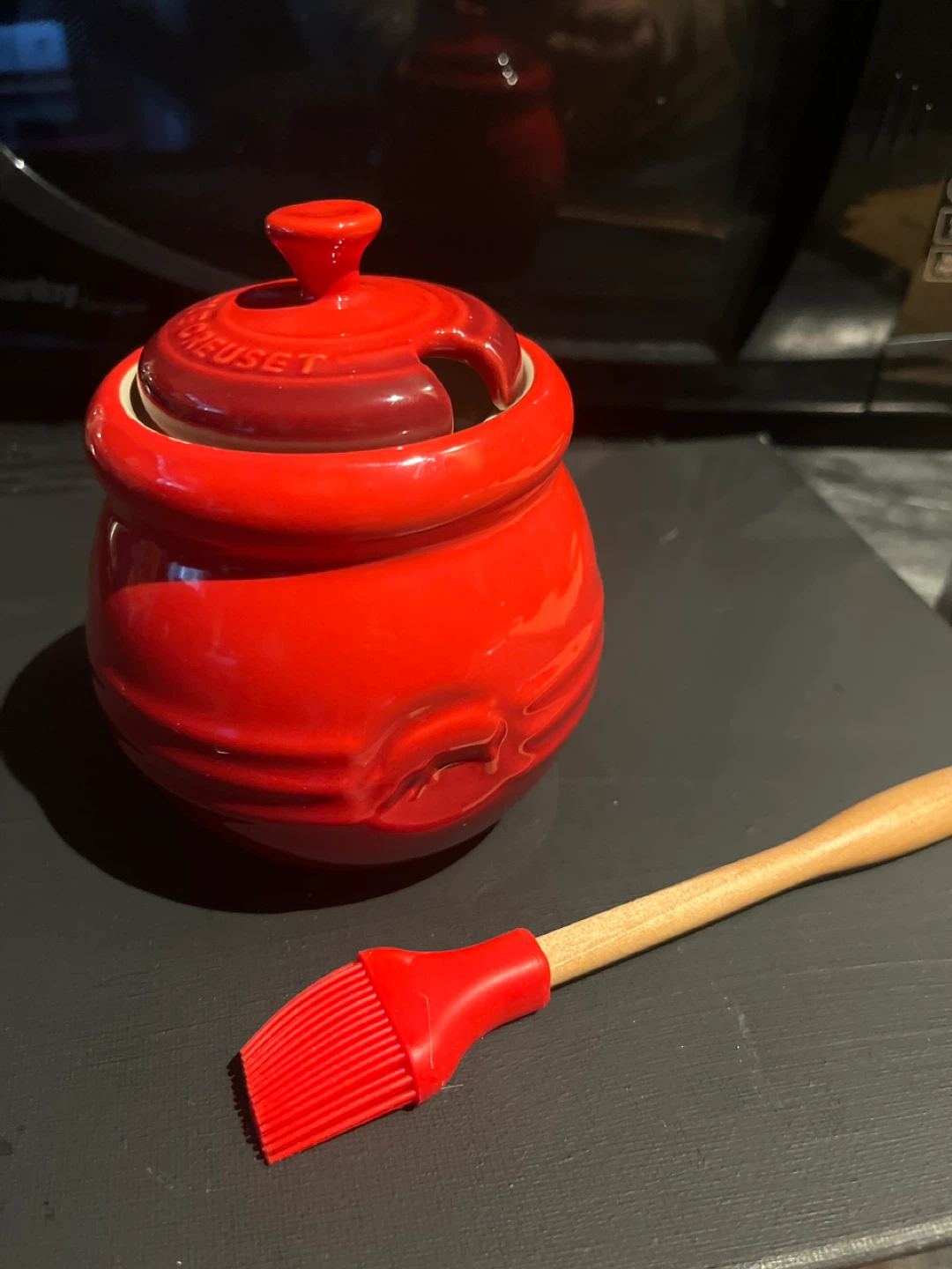 Le Creuset Red Stoneware Sugar Bowl with Lid and Silicone Brush