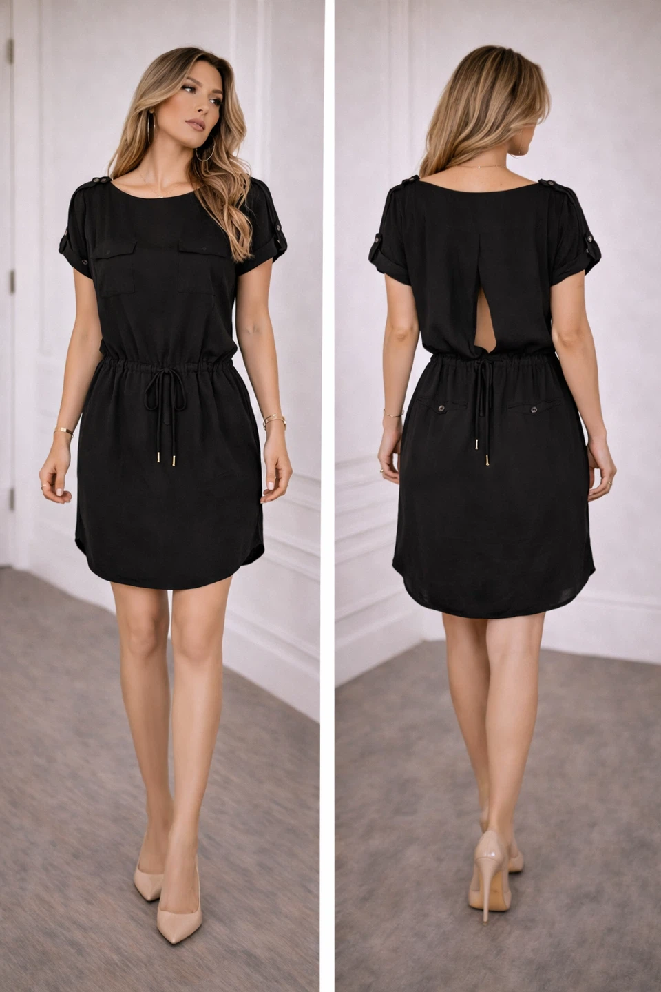 Black Short Sleeve Drawstring Waist Dress