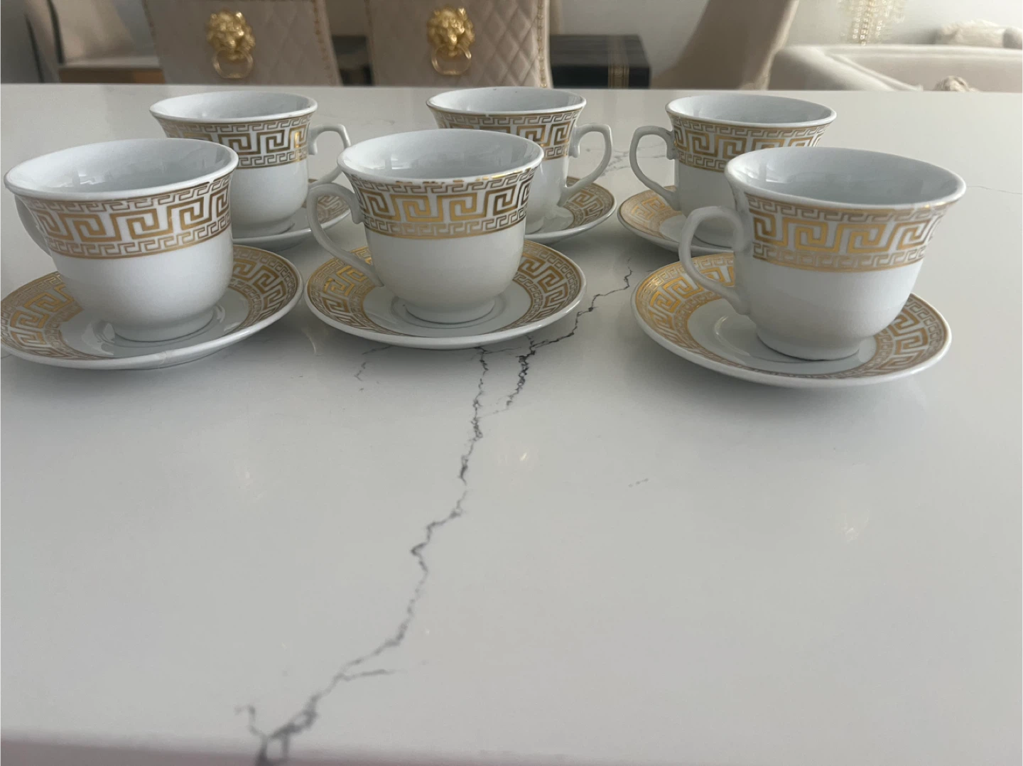 Set of 6 White and Gold Greek Key Teacups and Saucers