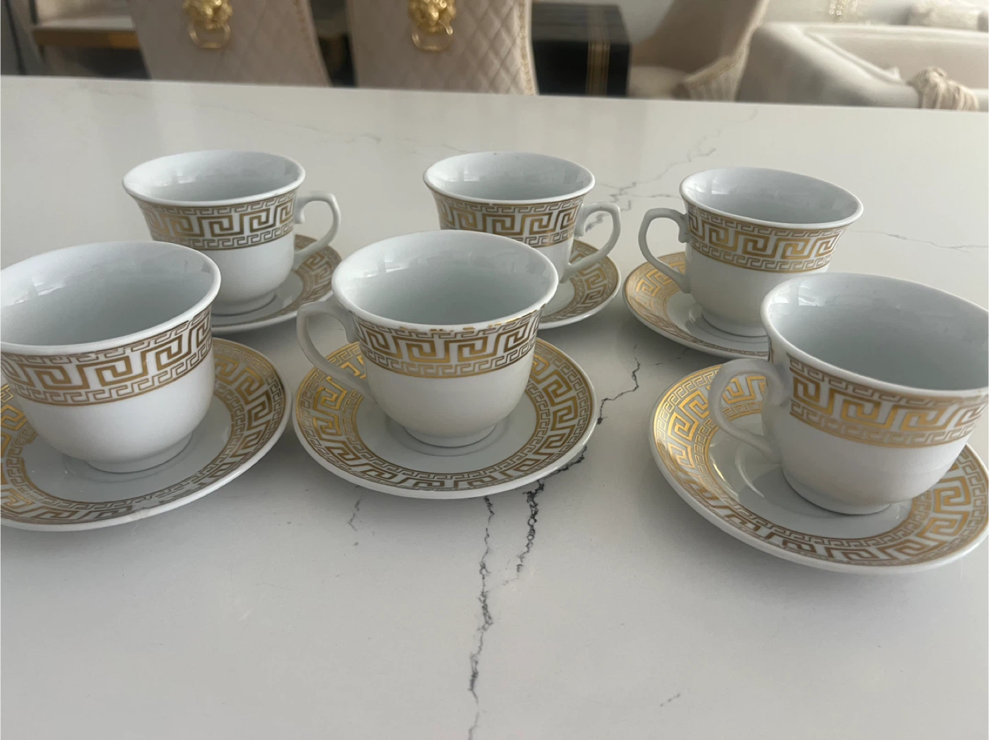 Set of 6 White and Gold Greek Key Teacups and Saucers - photo 2