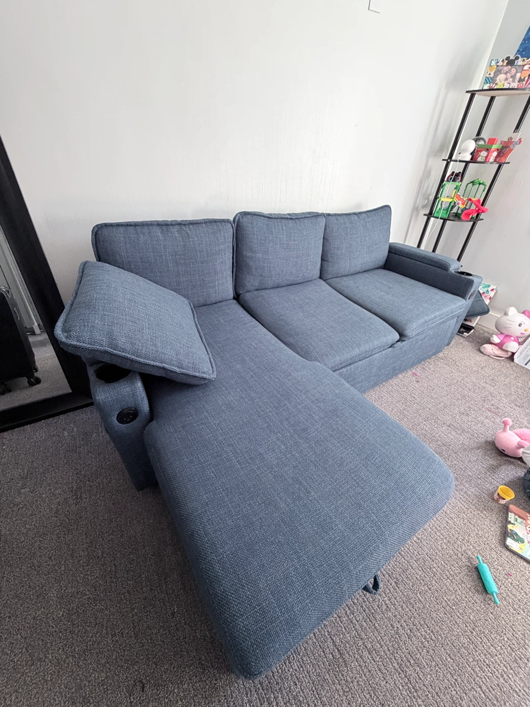 Blue Sectional Sofa with Recliner and Cup Holders