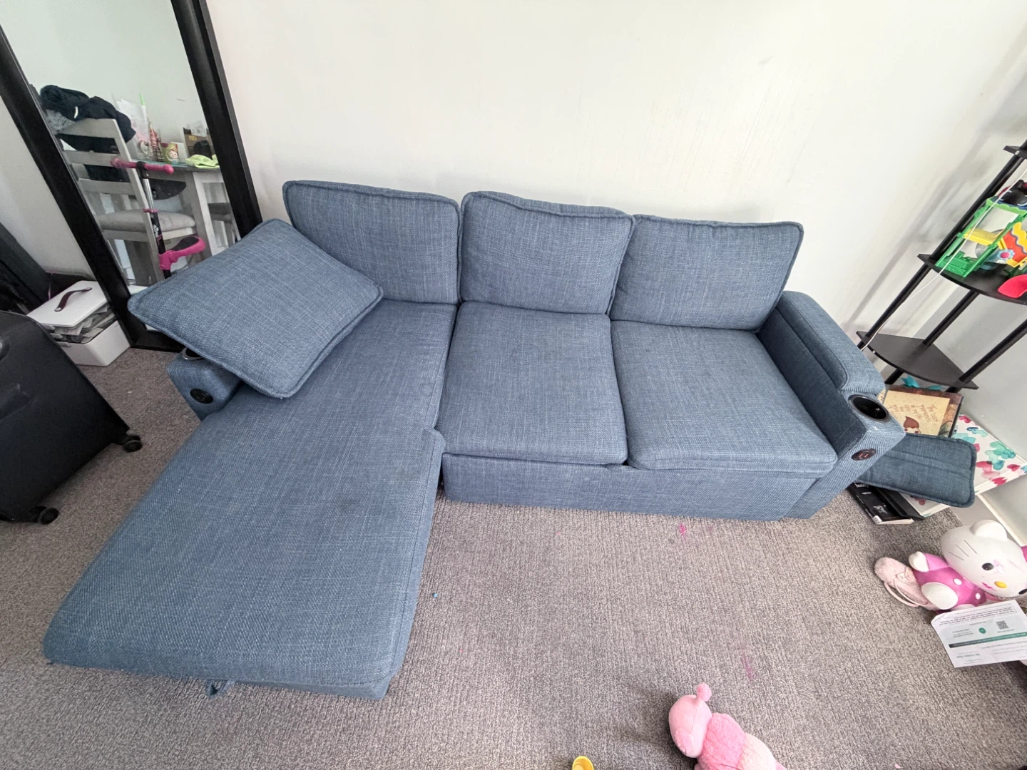 Blue Sectional Sofa with Recliner and Cup Holders - photo 2