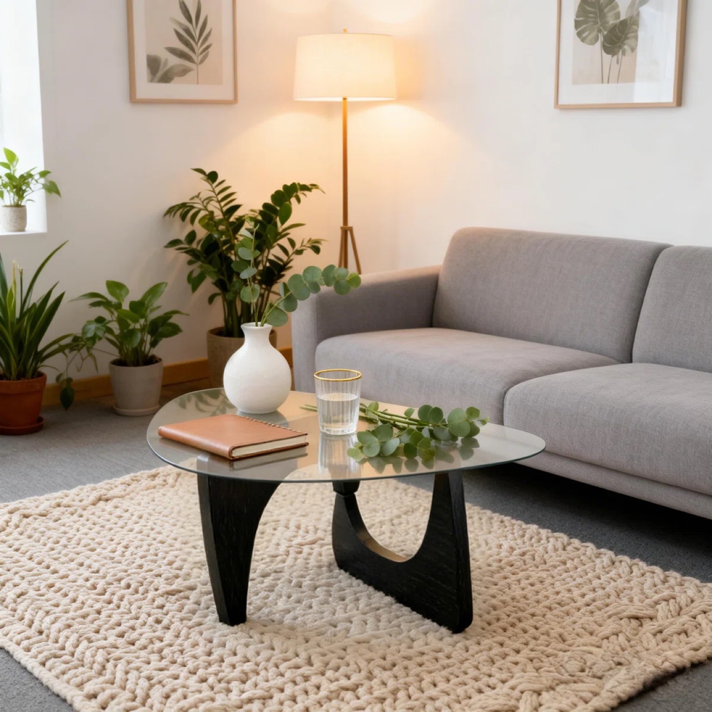 Midcentury Modern Triangle Glass Coffee Table with Wooden Base
