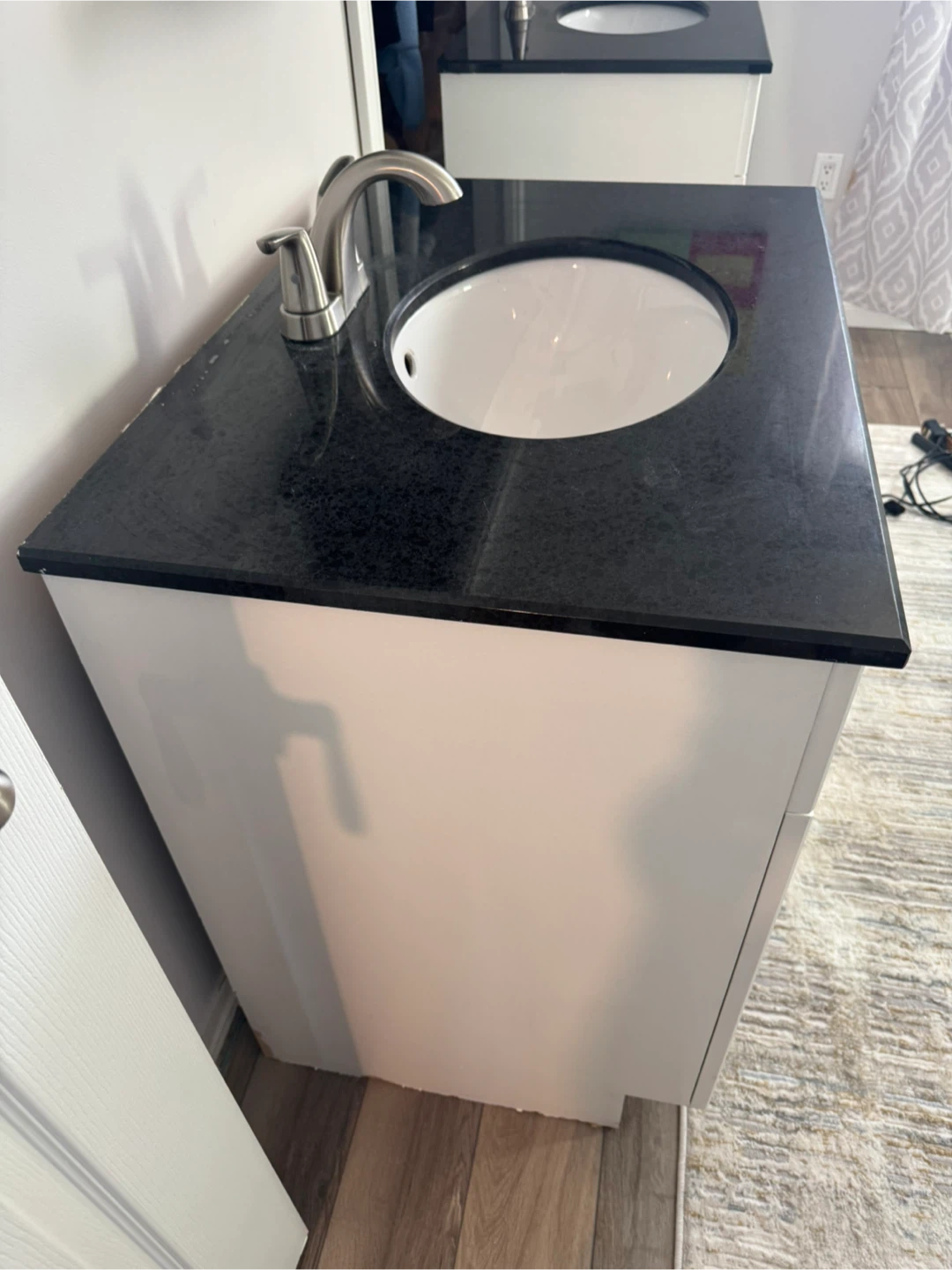 White Bathroom Vanity with Black Granite Top and Faucet - photo 2