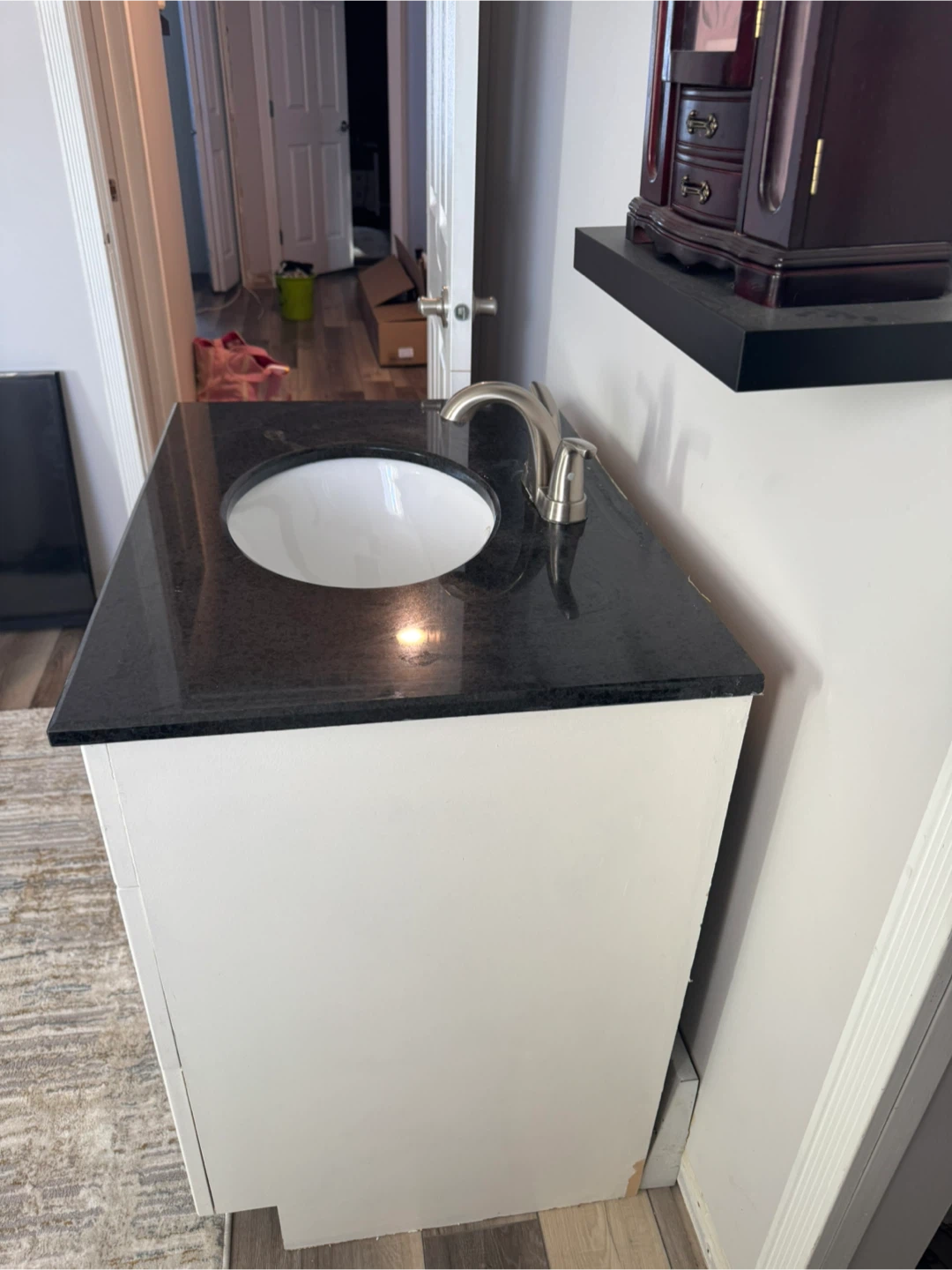 White Bathroom Vanity with Black Granite Top and Faucet - photo 3