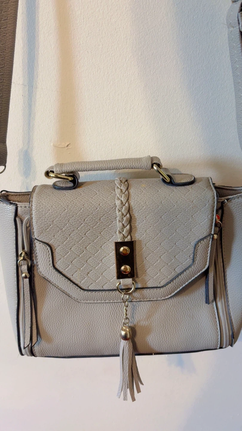 Light Grey Faux Leather Handbag with Tassel Accent
