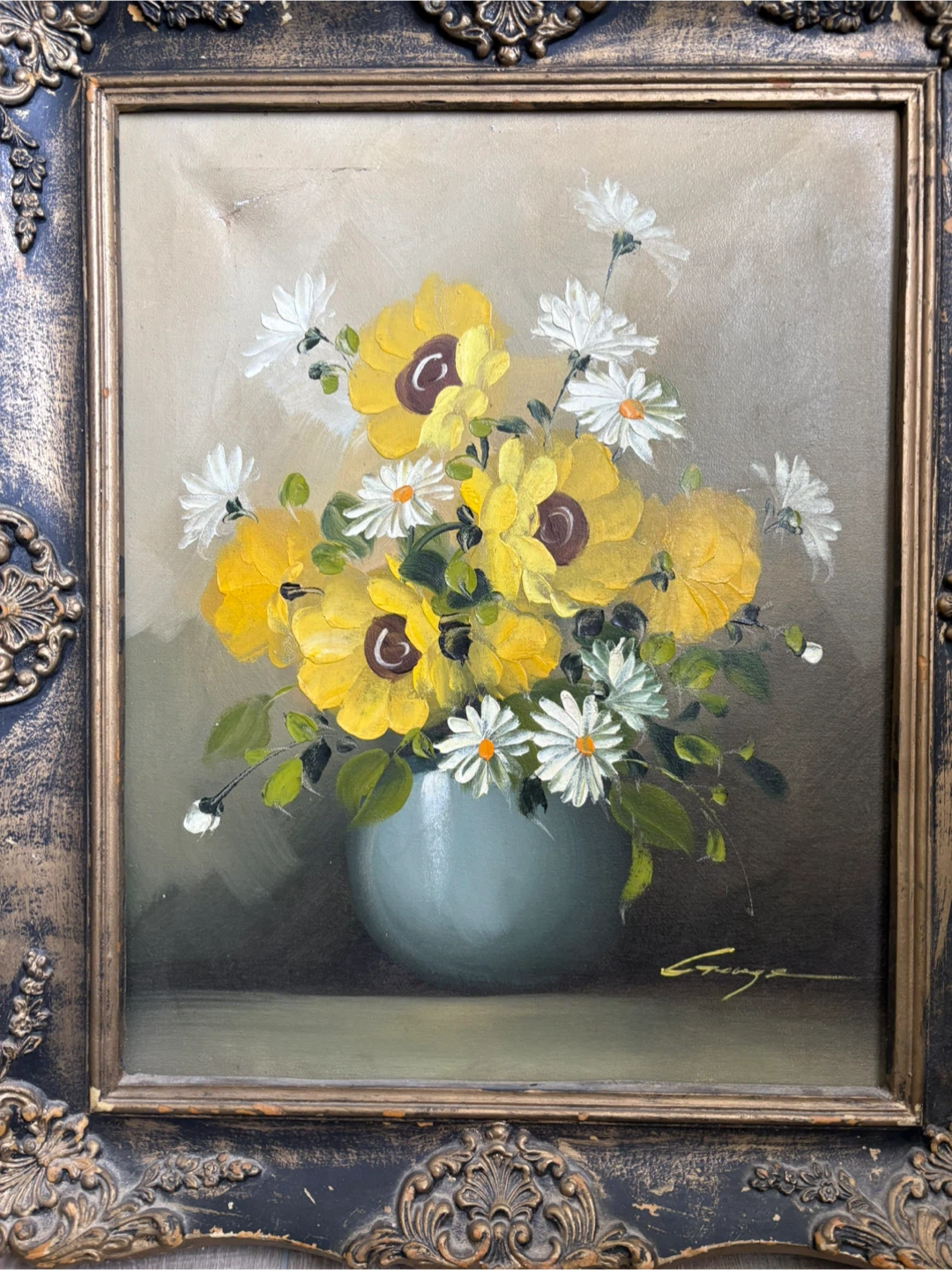 Framed Oil Painting of Yellow and White Flowers - photo 3