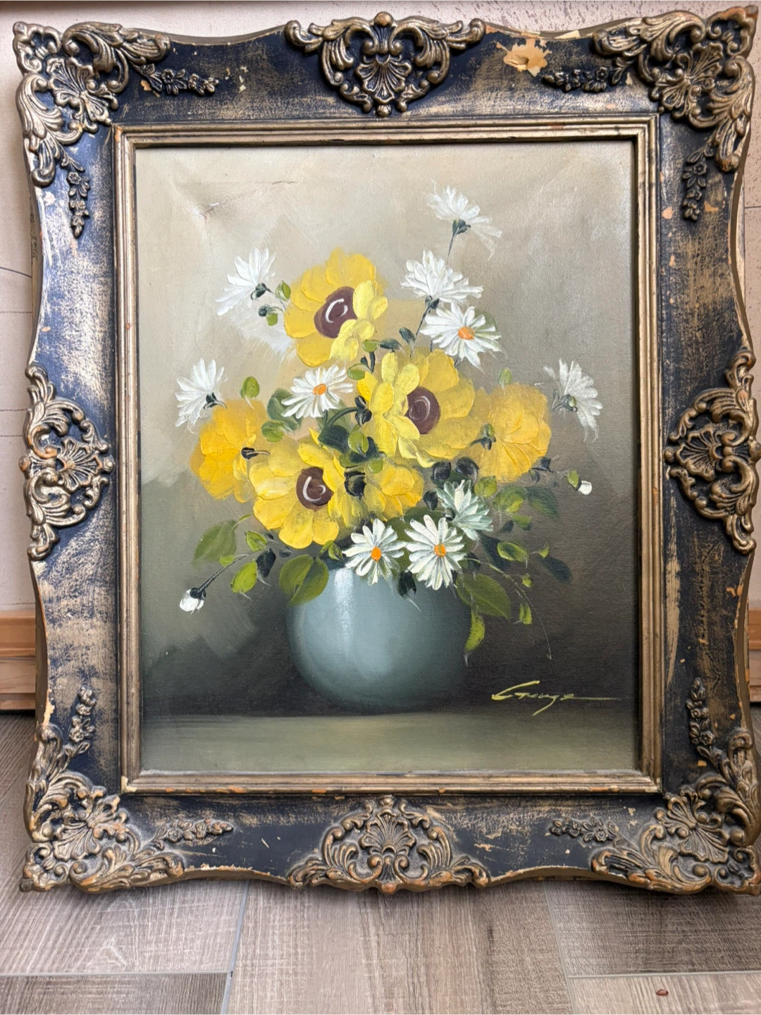 Framed Oil Painting of Yellow and White Flowers