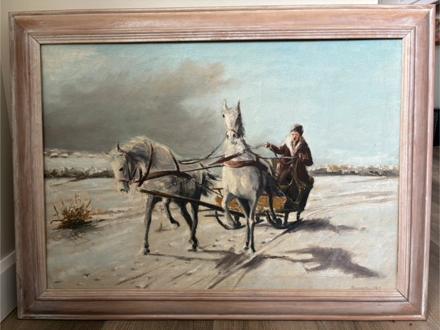 Vintage Painting "Paczonka 1985" - Horse Drawn Sleigh Scene