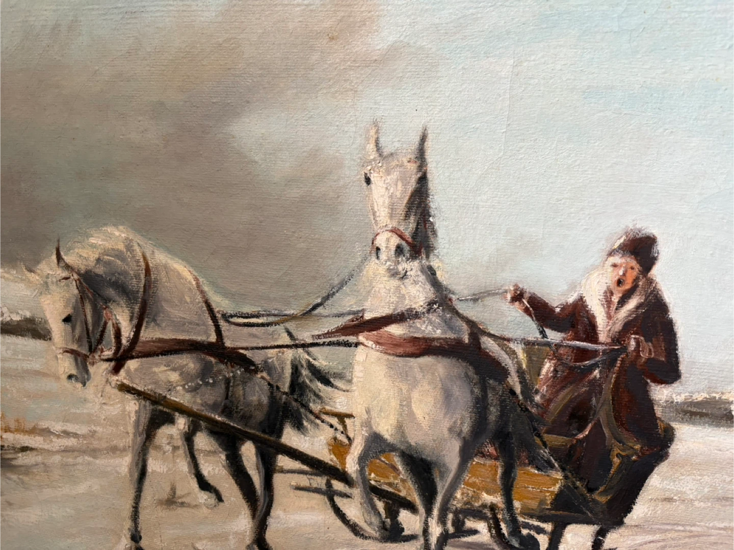 Vintage Painting "Paczonka 1985" - Horse Drawn Sleigh Scene - photo 2