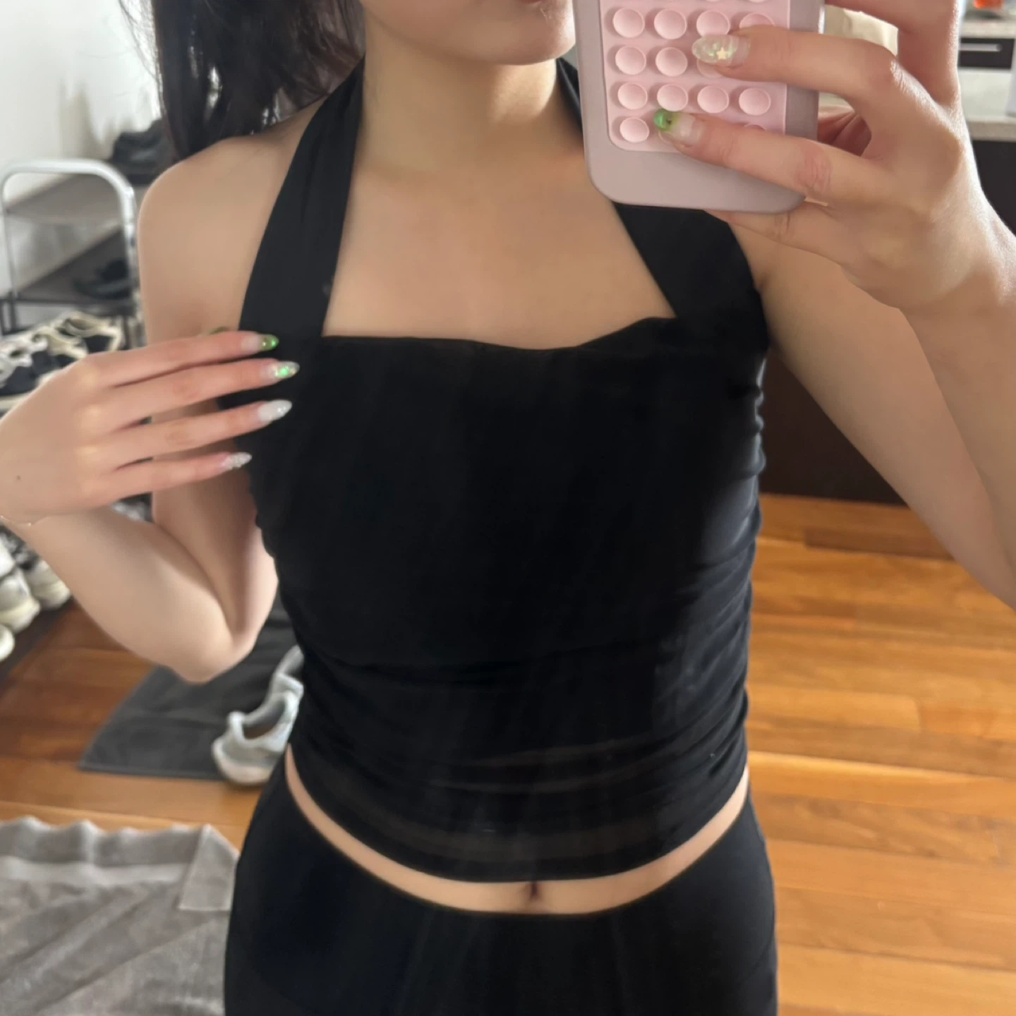 Black Halter Mesh Ruched Tank Top - photo 2