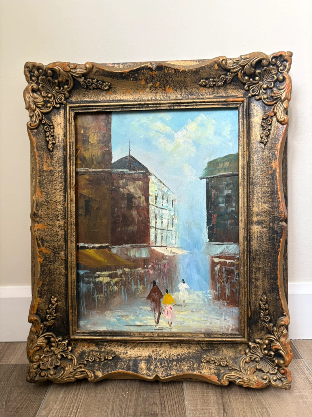 Vintage Framed Oil Painting - European Street Scene