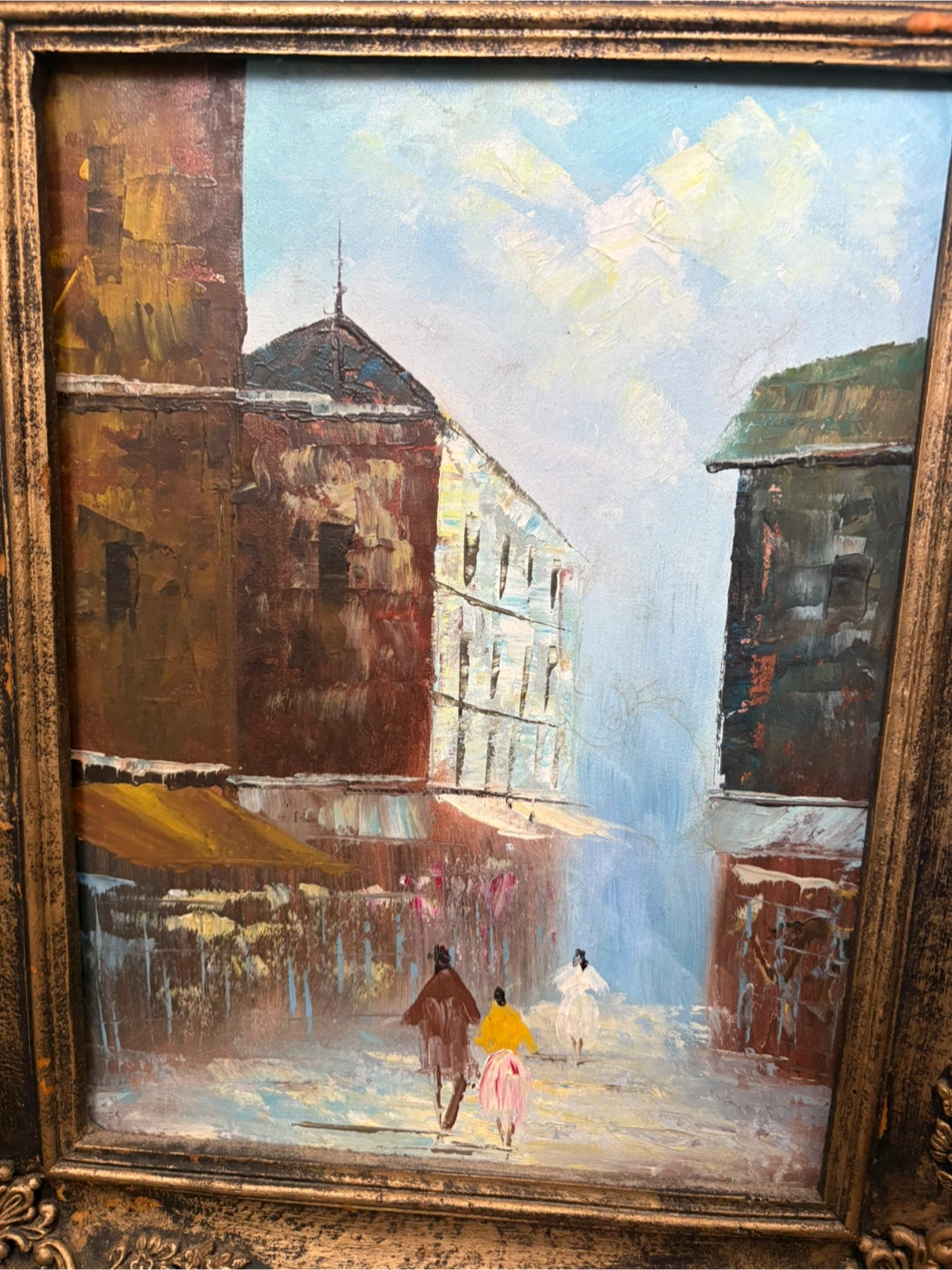 Vintage Framed Oil Painting - European Street Scene - photo 2