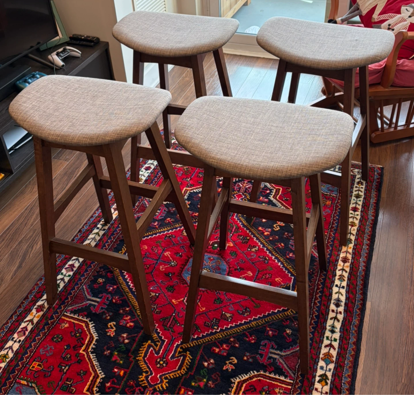 Set of 4 Grey Fabric Bar Stools with Wooden Legs