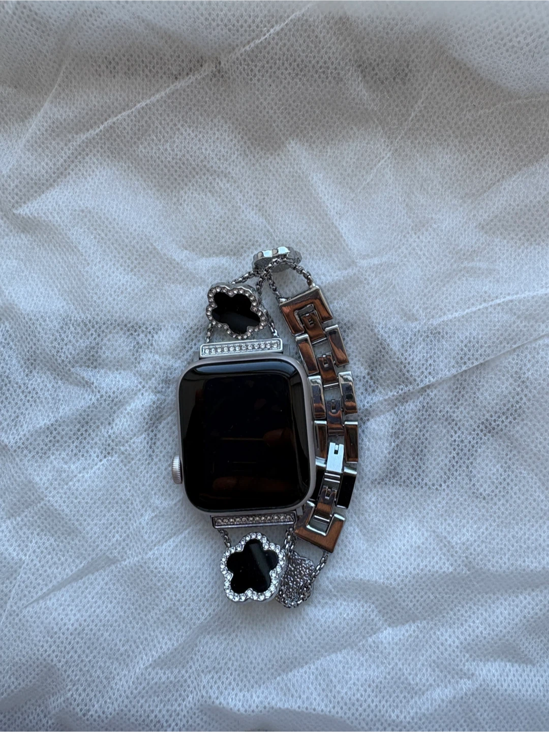 Apple Watch Band - Silver Metal with Clover Charms and Crystals