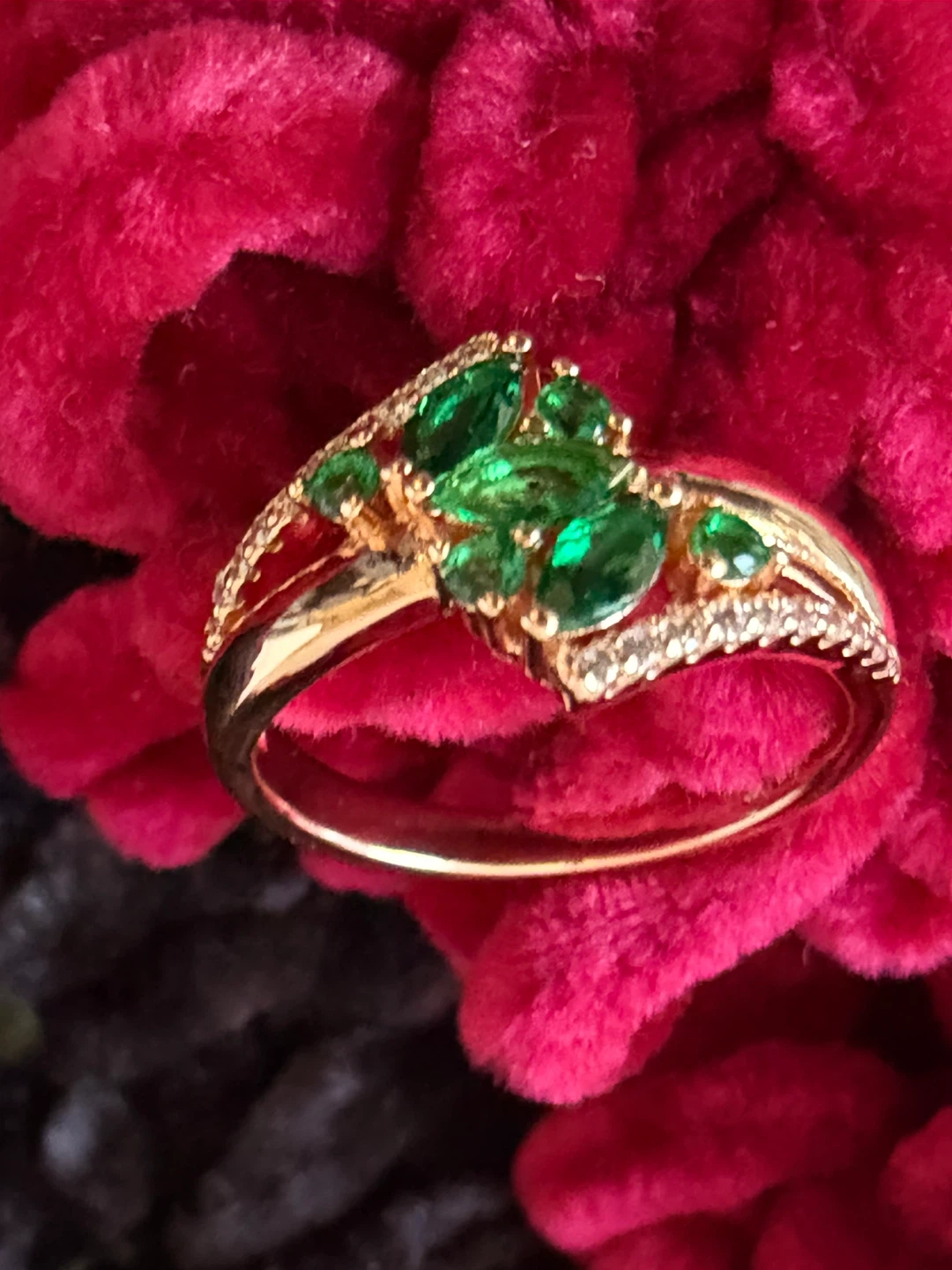 Rose Gold Tone Ring with Green Stones and Diamonds - photo 2